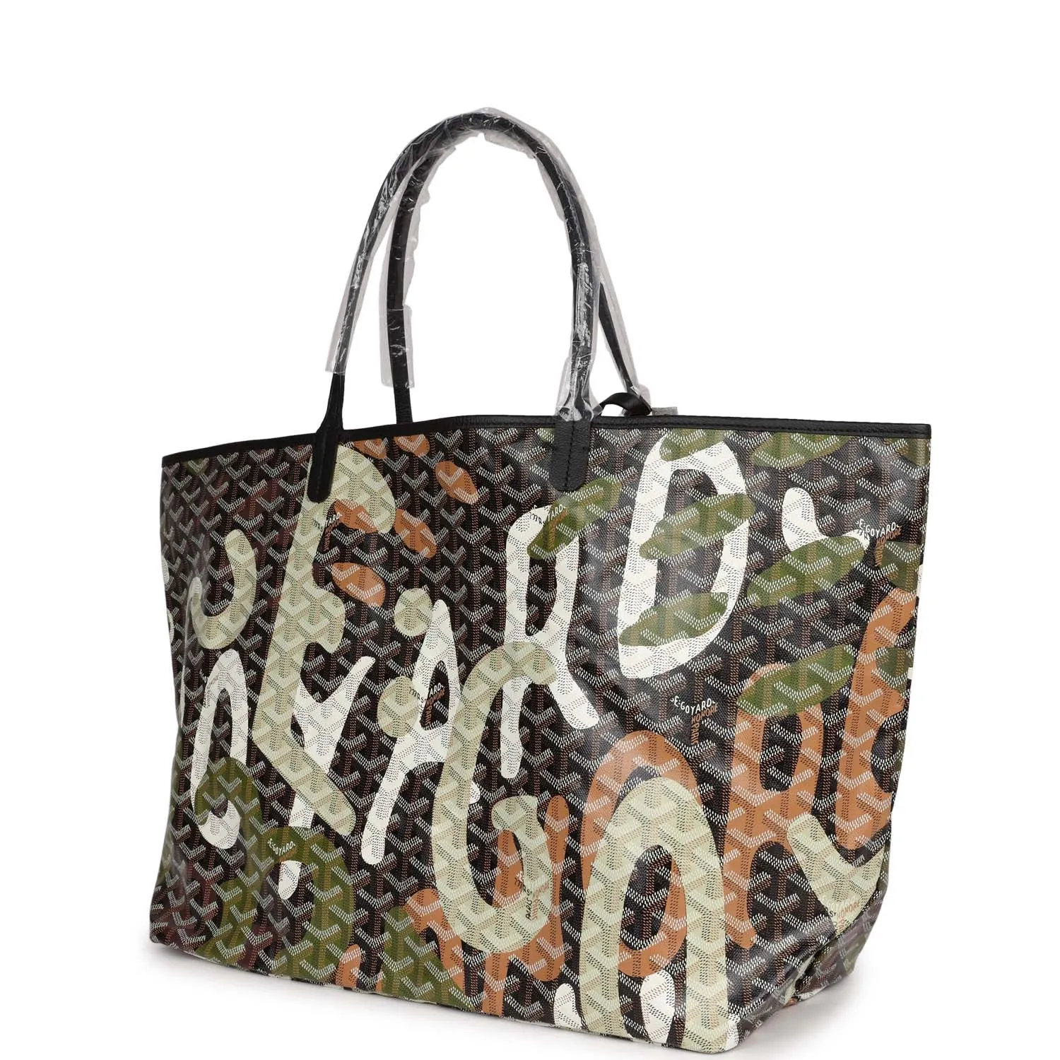 Goyard Limited Edition Black Goyardine Canvas Green Lettres Camouflage St. Louis GM Tote Bag Palladium Hardware