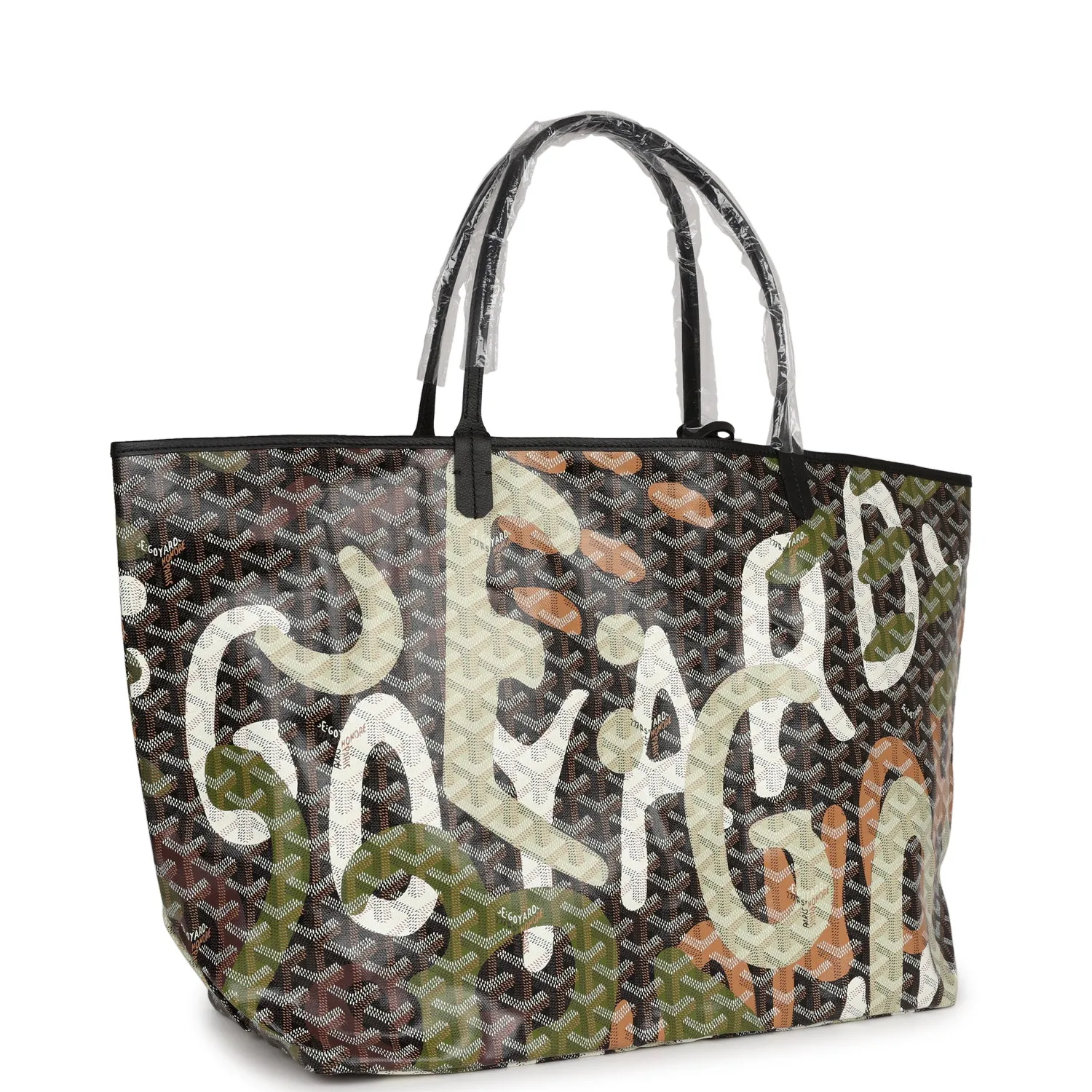 Goyard Limited Edition Black Goyardine Canvas Green Lettres Camouflage St. Louis GM Tote Bag Palladium Hardware