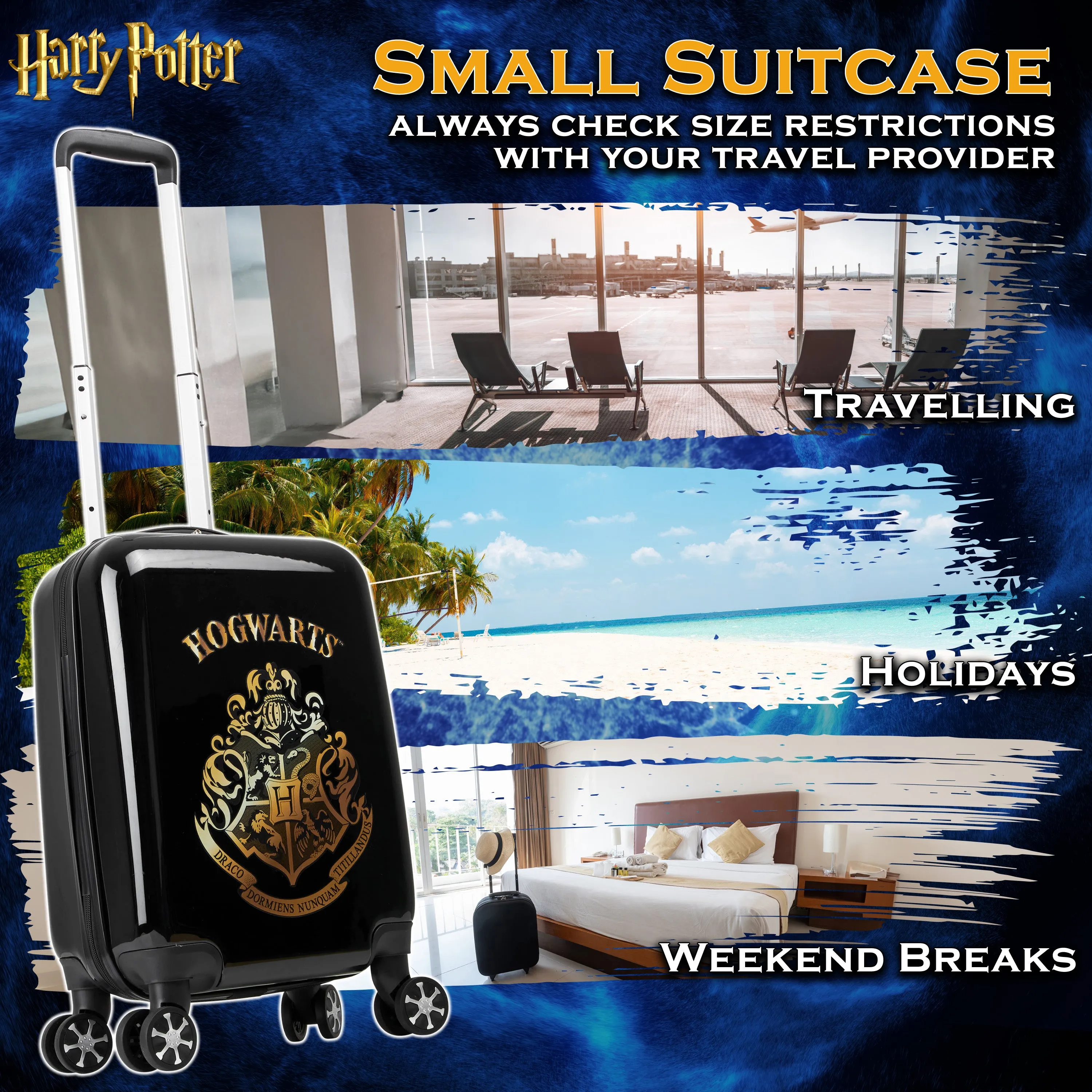 Harry Potter Hard Shell Suitcase, 55 x 35 x 21cm, 31L Capacity, 4 Wheels, Combination Lock - Travel Essentials (S/55cm - 31L, Black)