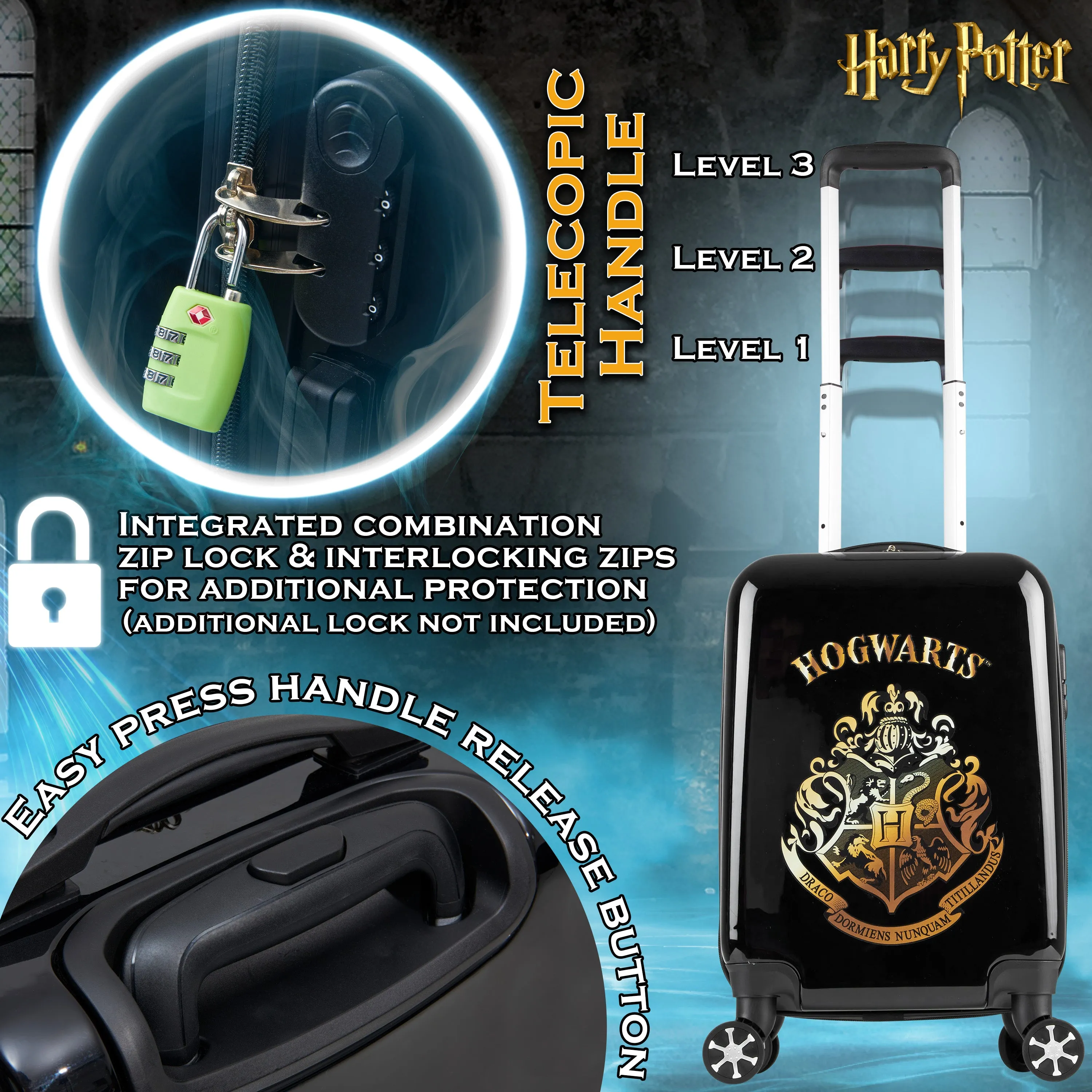 Harry Potter Hard Shell Suitcase, 55 x 35 x 21cm, 31L Capacity, 4 Wheels, Combination Lock - Travel Essentials (S/55cm - 31L, Black)