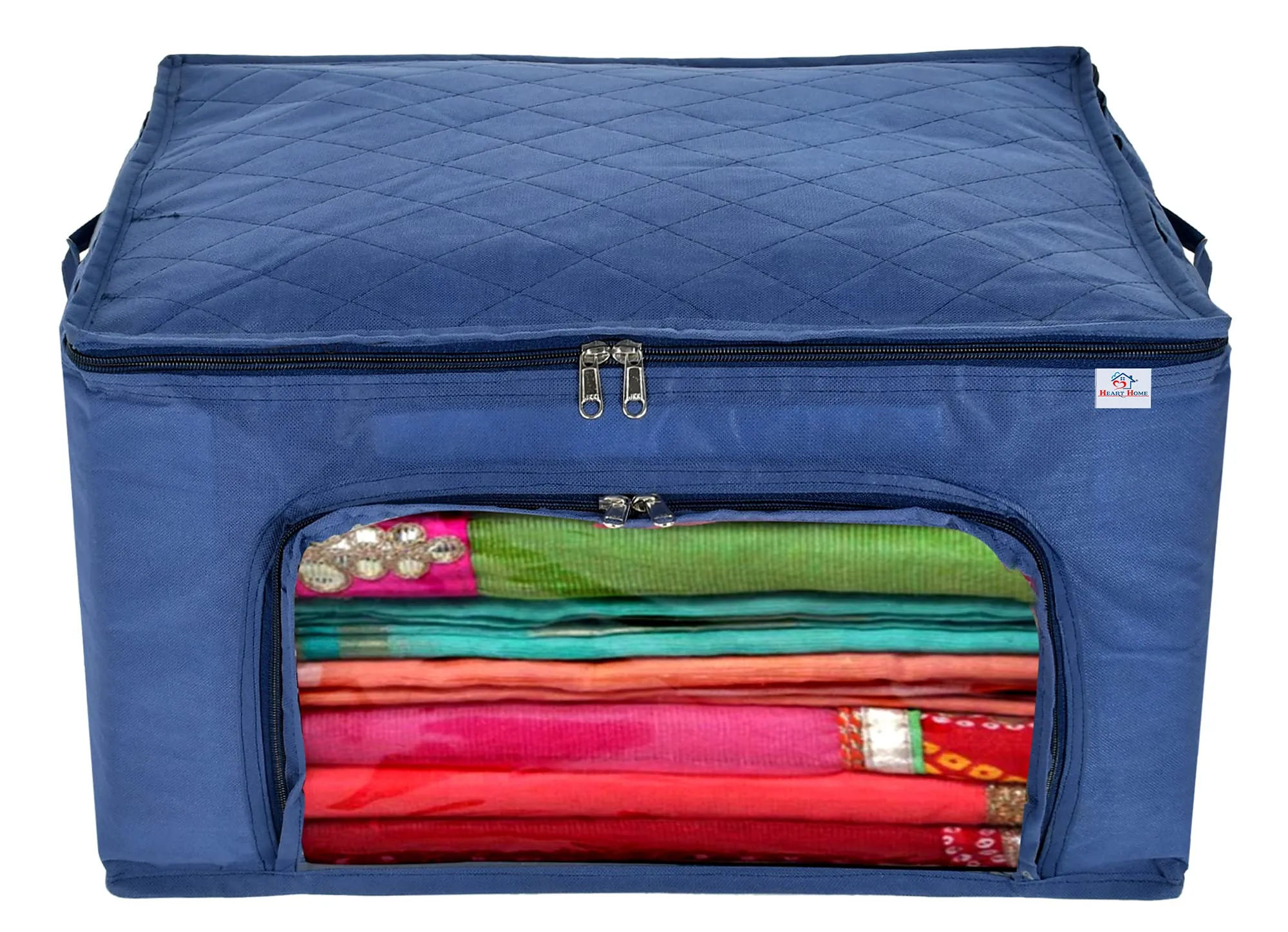 Heart Home Clothing Storage Bags, Under Bed Foldable Organizer, Store Blankets, Clothes With Zipper Tranasparent Window, 66 Litre (Navy Blue)-HS_38_HEARTH21293