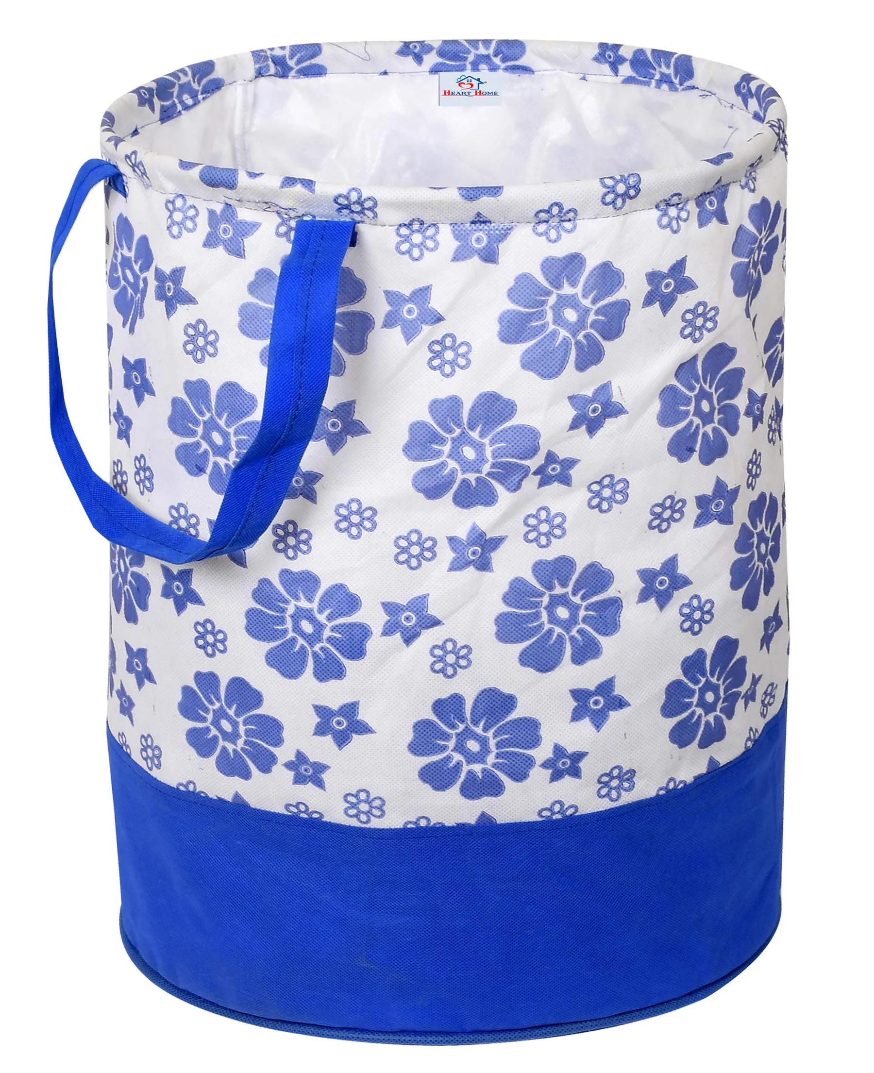 Heart Home Flower Print Round Non Woven Fabric Foldable Laundry Basket, Toy Storage Basket, Cloth Storage Basket With Handles,45 Ltr (Blue)-HEARTXY11608