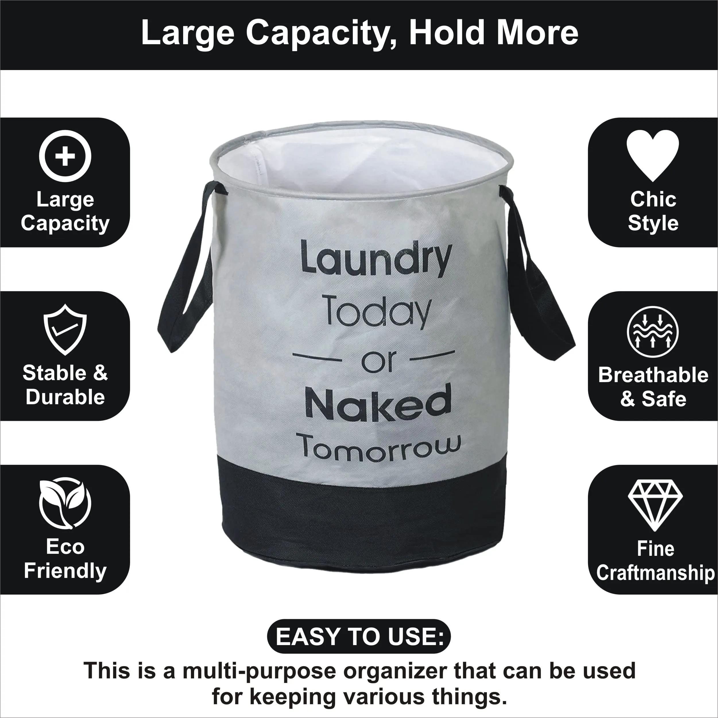 Homestic Pack of 2 Non-Woven Round Laundry Basket For clothes|Foldable Toy Storage Organizer|Reinforced Handle With Sturdy Base|Capicity 45 Ltr (Grey & Black)