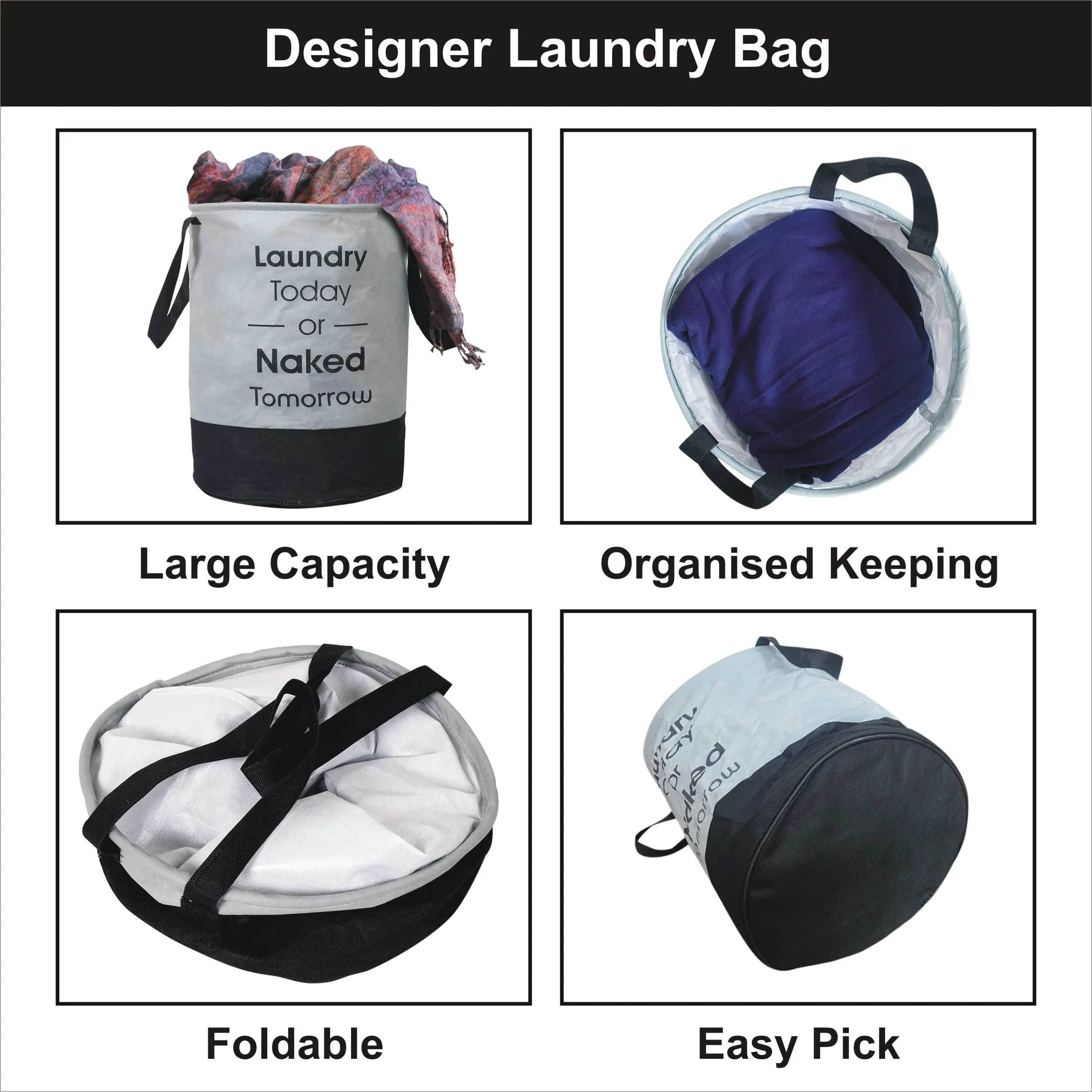 Homestic Pack of 2 Non-Woven Round Laundry Basket For clothes|Foldable Toy Storage Organizer|Reinforced Handle With Sturdy Base|Capicity 45 Ltr (Grey & Black)