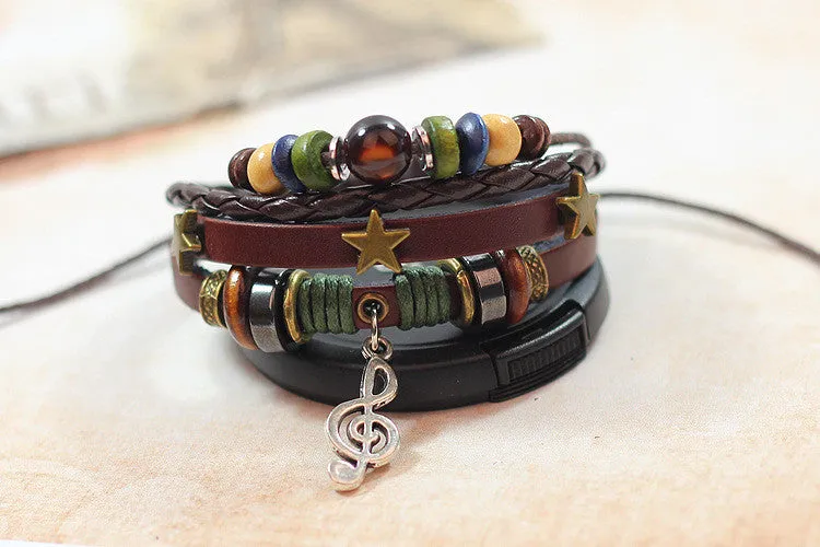 Hot Sale Fashion Multilayer Leather Strap Bracelets & Bangles Vintage Three Stars Musical Note Pendant Bracelet For Women Men