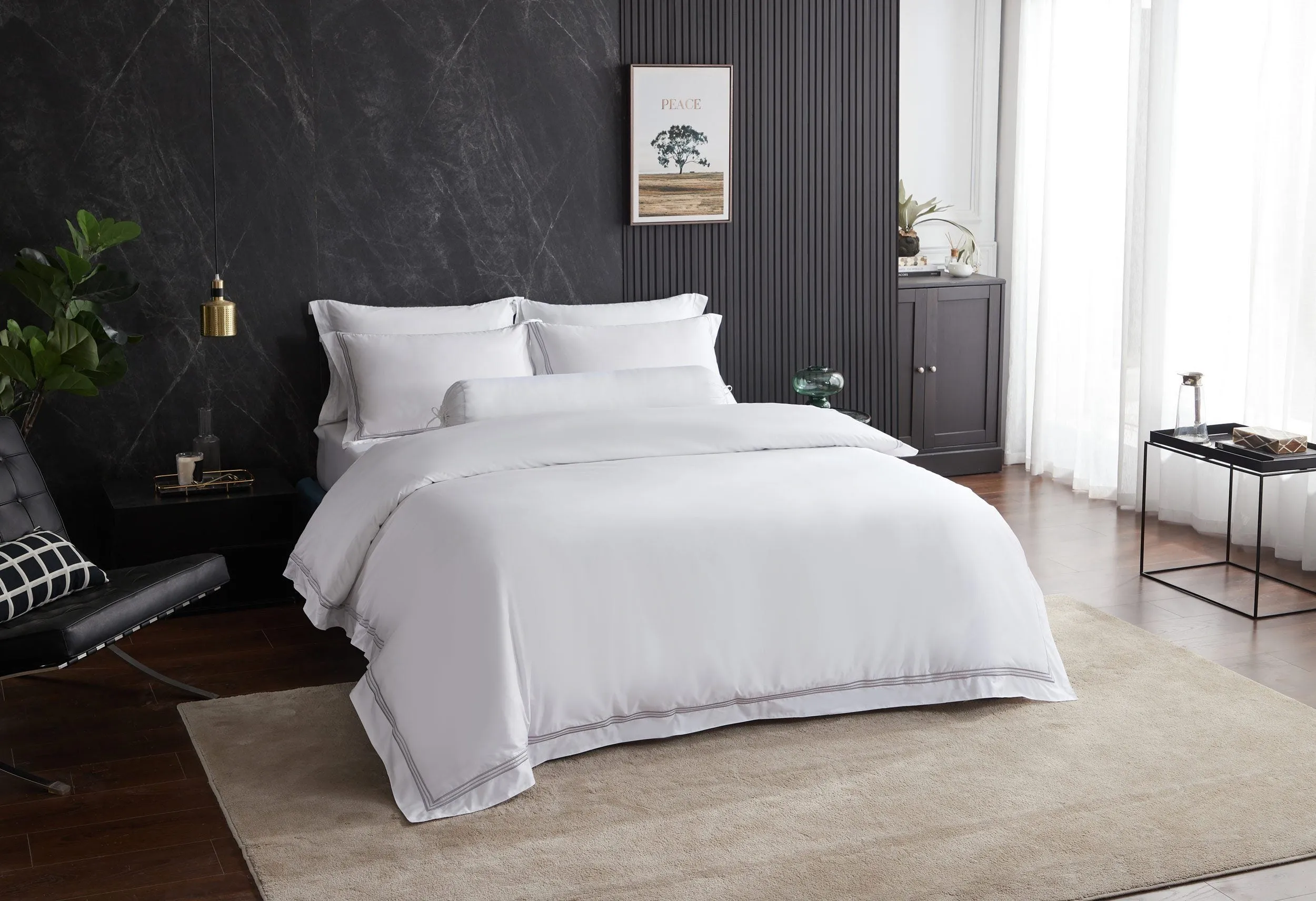 Hotelier Prestigio™ Lucent White With Grey Border Fitted Sheet Set