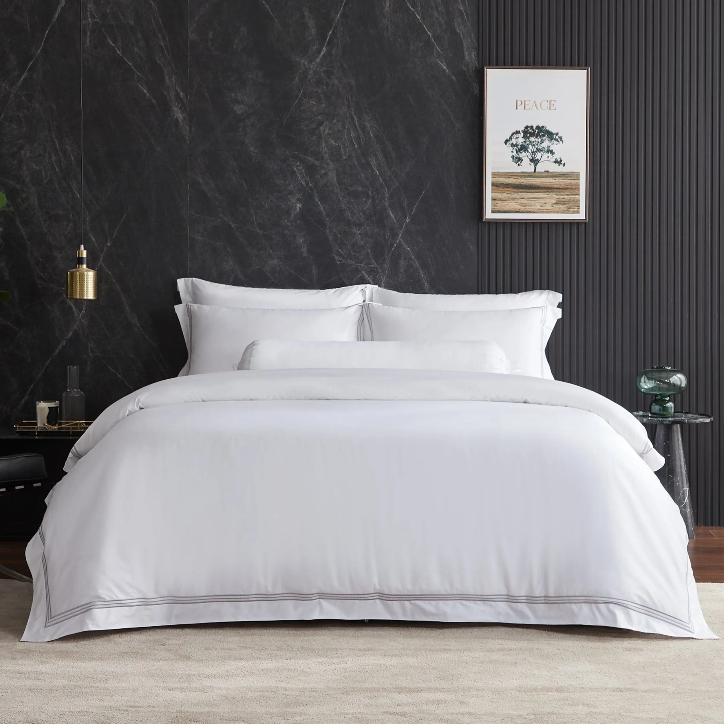 Hotelier Prestigio™ Lucent White With Grey Border Fitted Sheet Set