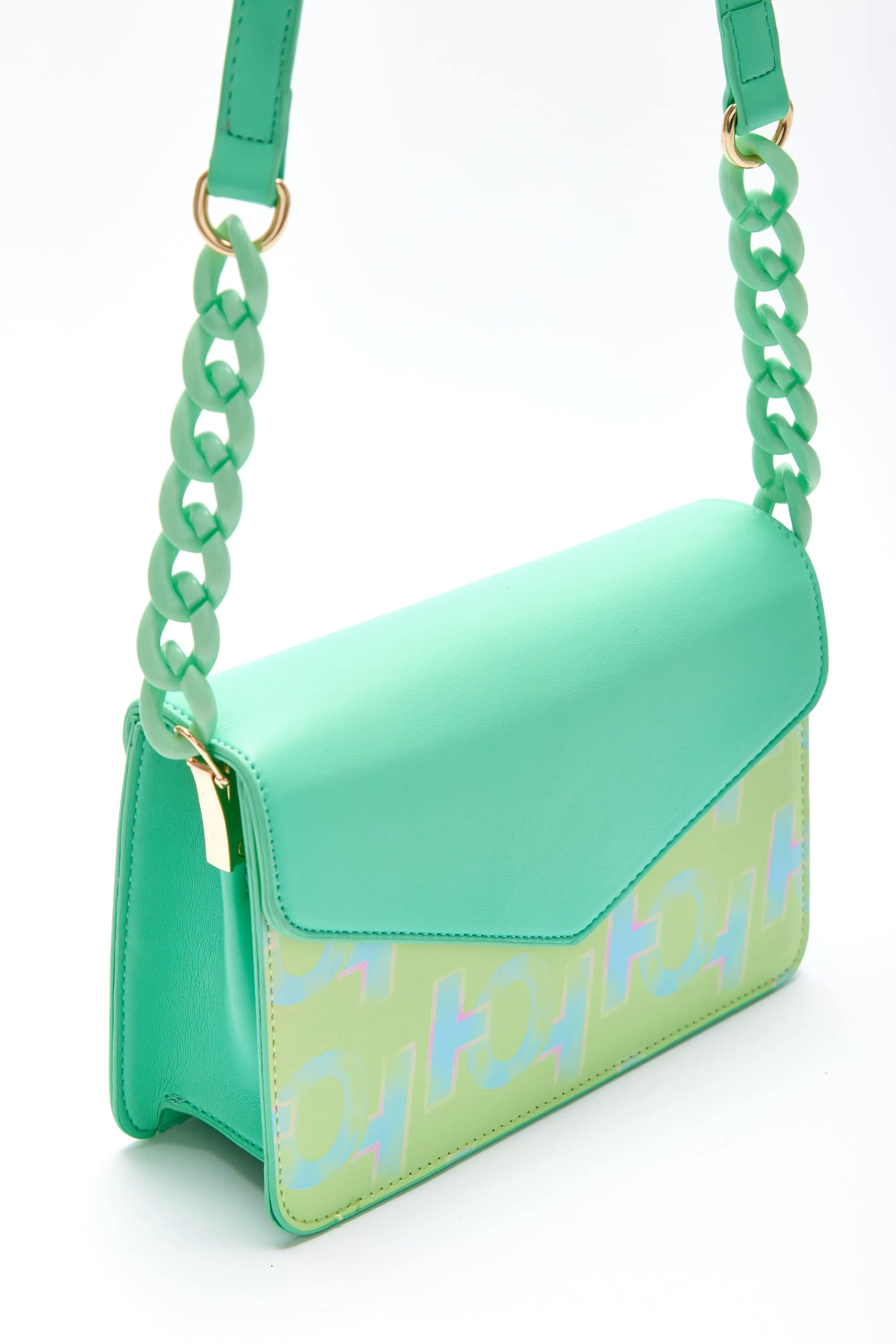 House Of Holland Cross Body Bag In Mint And Pistachio With A Logo Print And Chain Detail Strap