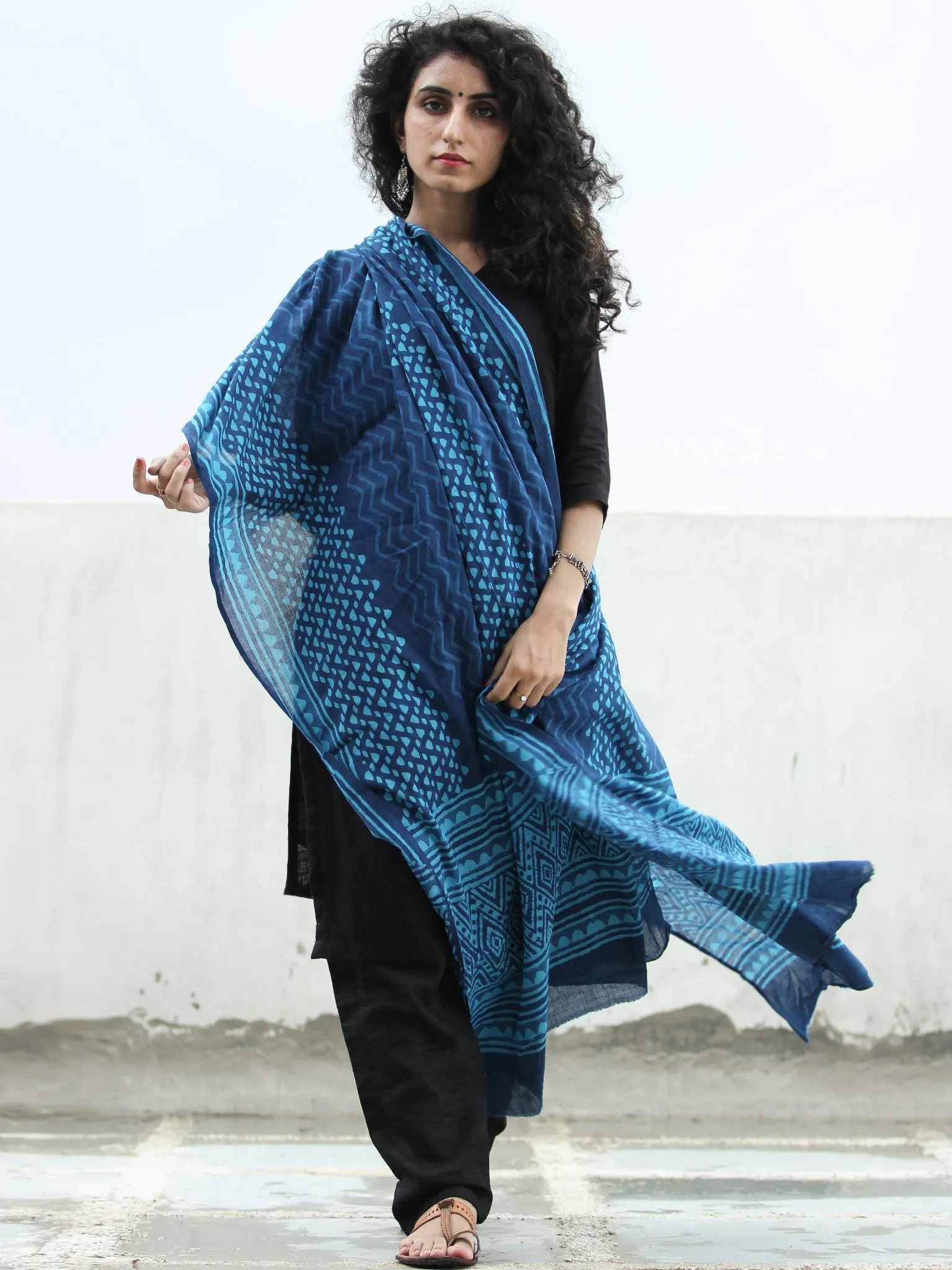 Indigo Sky Blue Cotton Hand Block Printed Dupatta   - D04170411