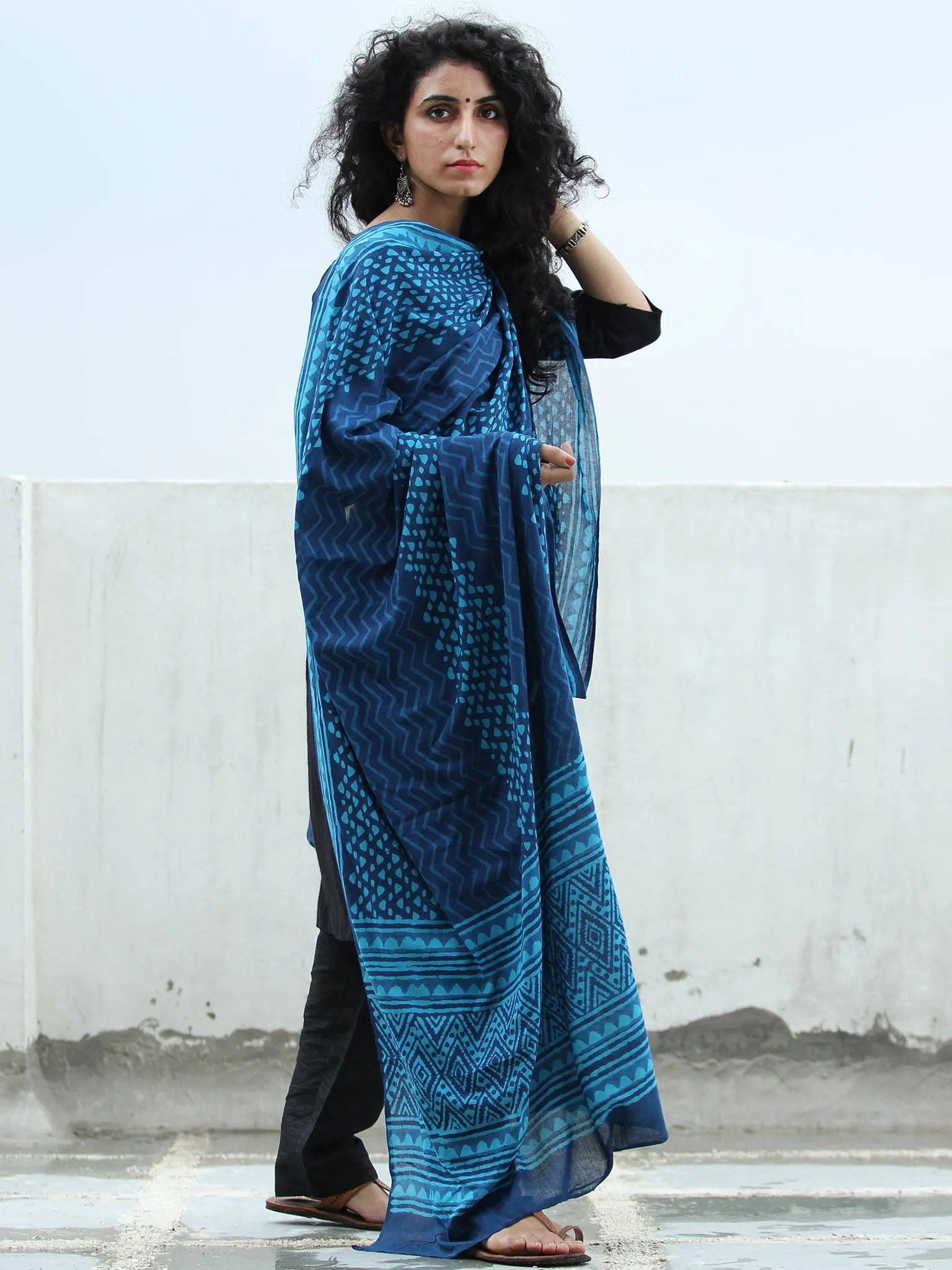 Indigo Sky Blue Cotton Hand Block Printed Dupatta   - D04170411