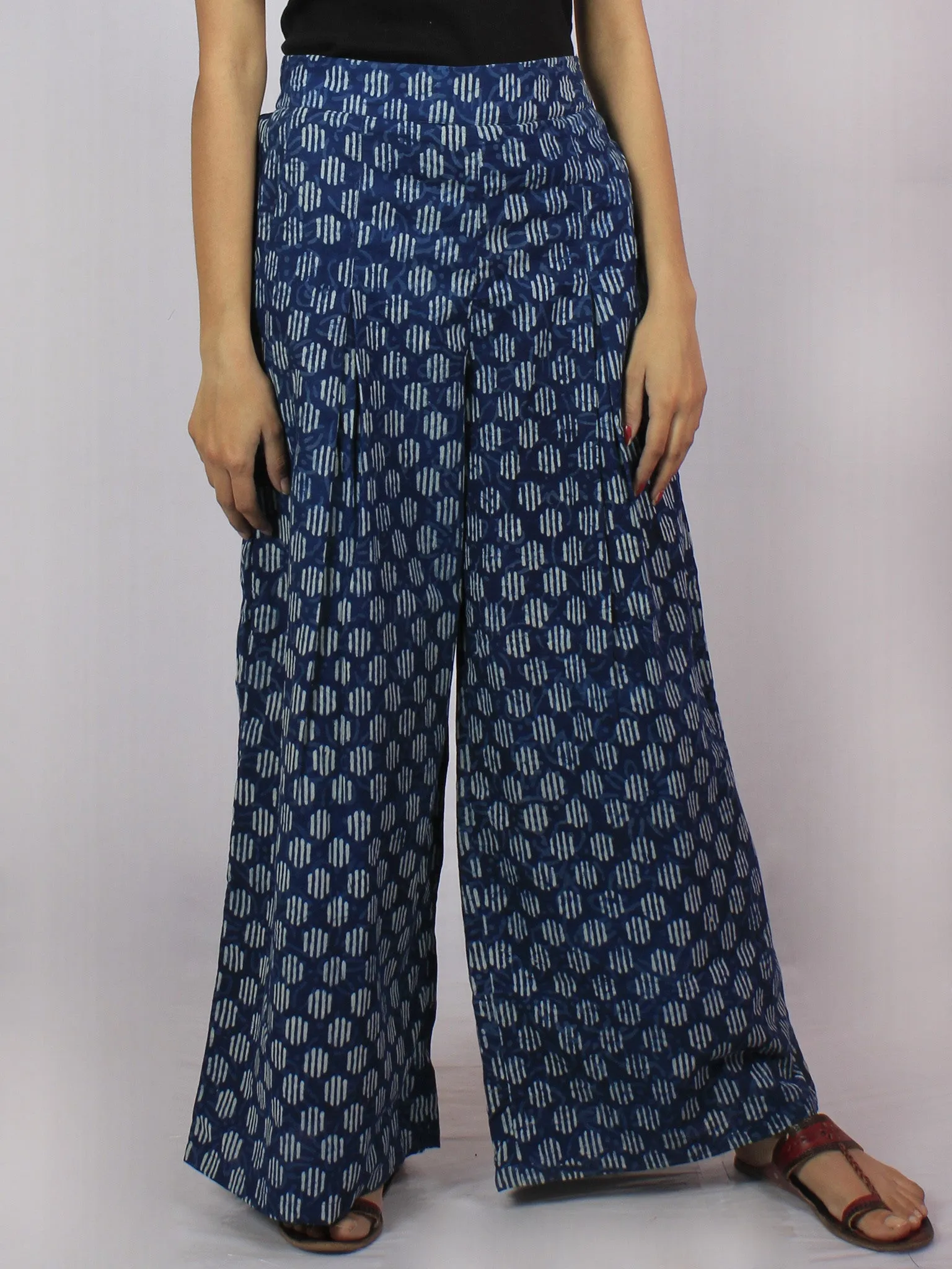 Indigo White Hand Block Printed Semi Elasticated Waist Pleated Cotton Palazzo - P1117087