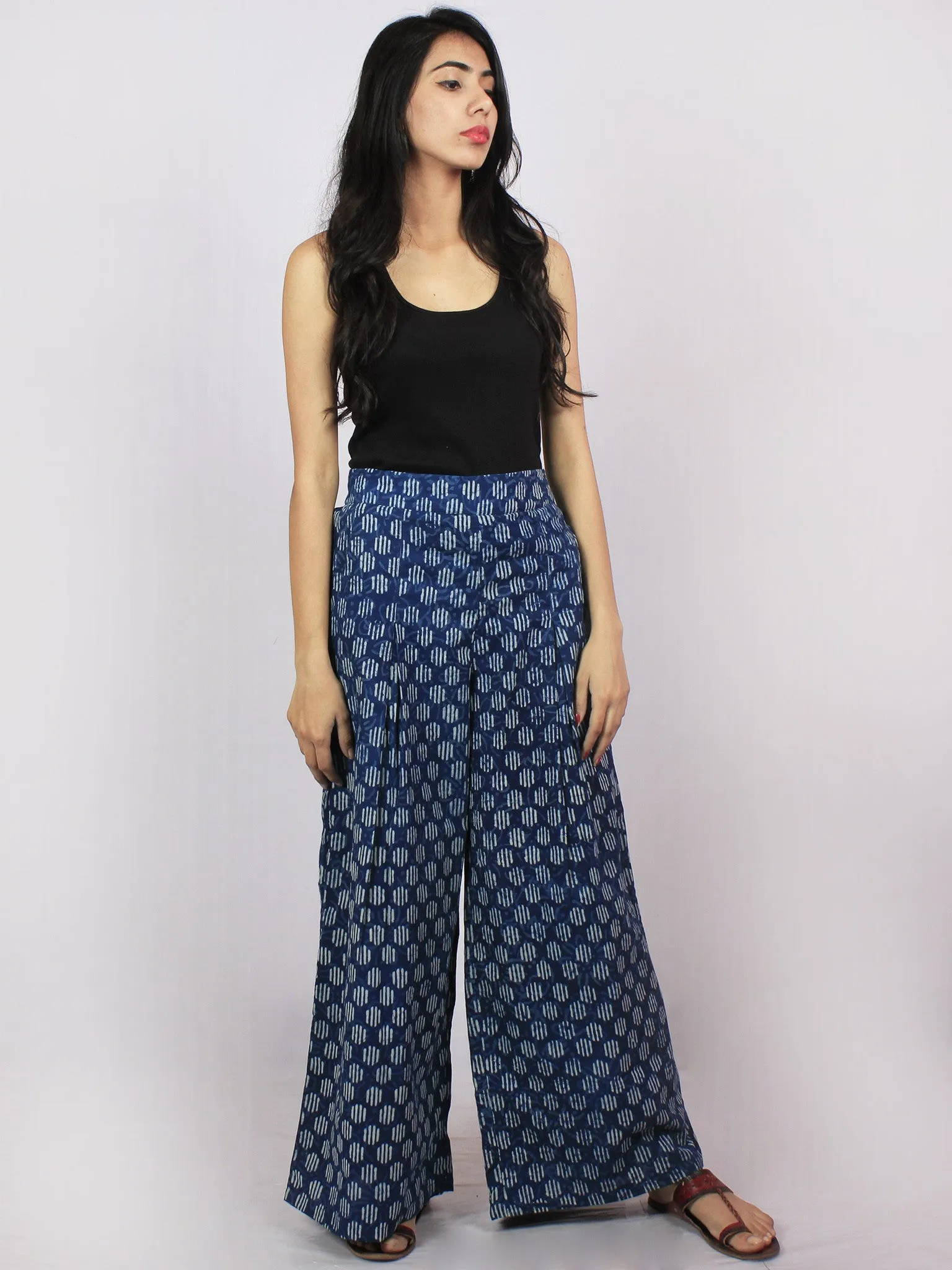 Indigo White Hand Block Printed Semi Elasticated Waist Pleated Cotton Palazzo - P1117087