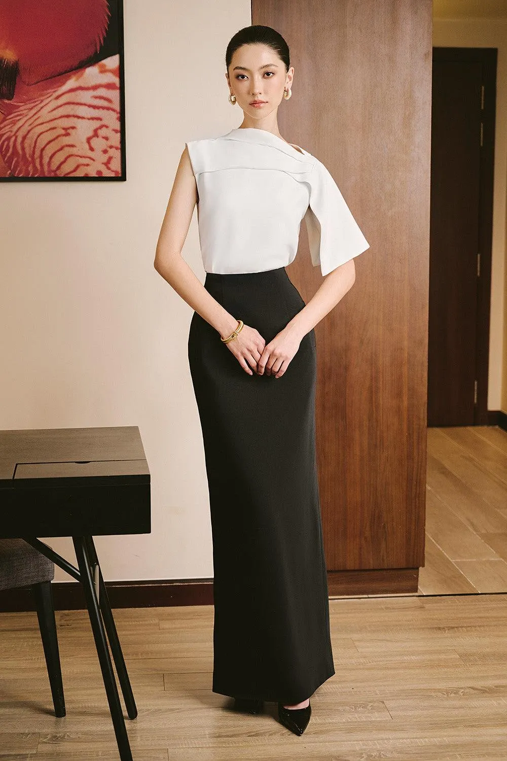 Irene Straight Back Slit Twill Ankle Length Skirt