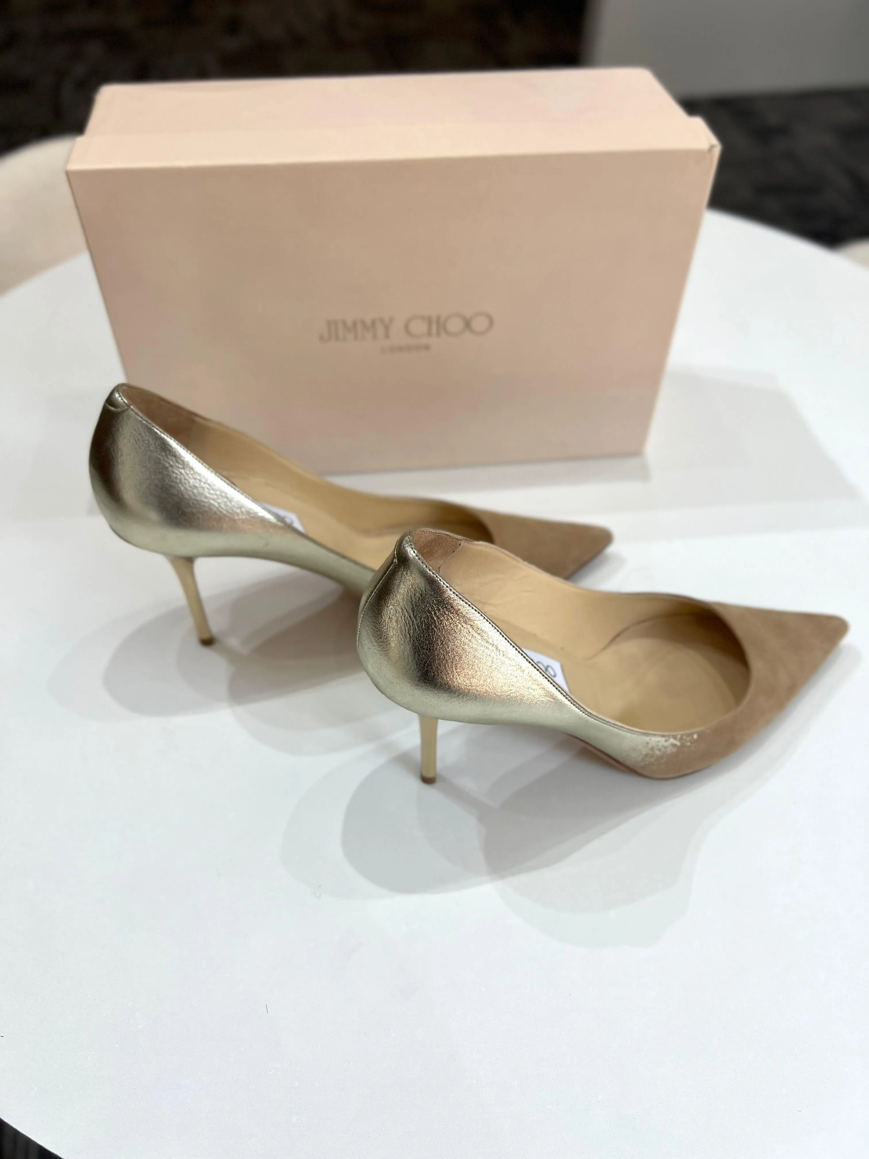 Jimmy Choo NEW LIMITED EDITION Gold/Suede Pumps Sz 38 1/2