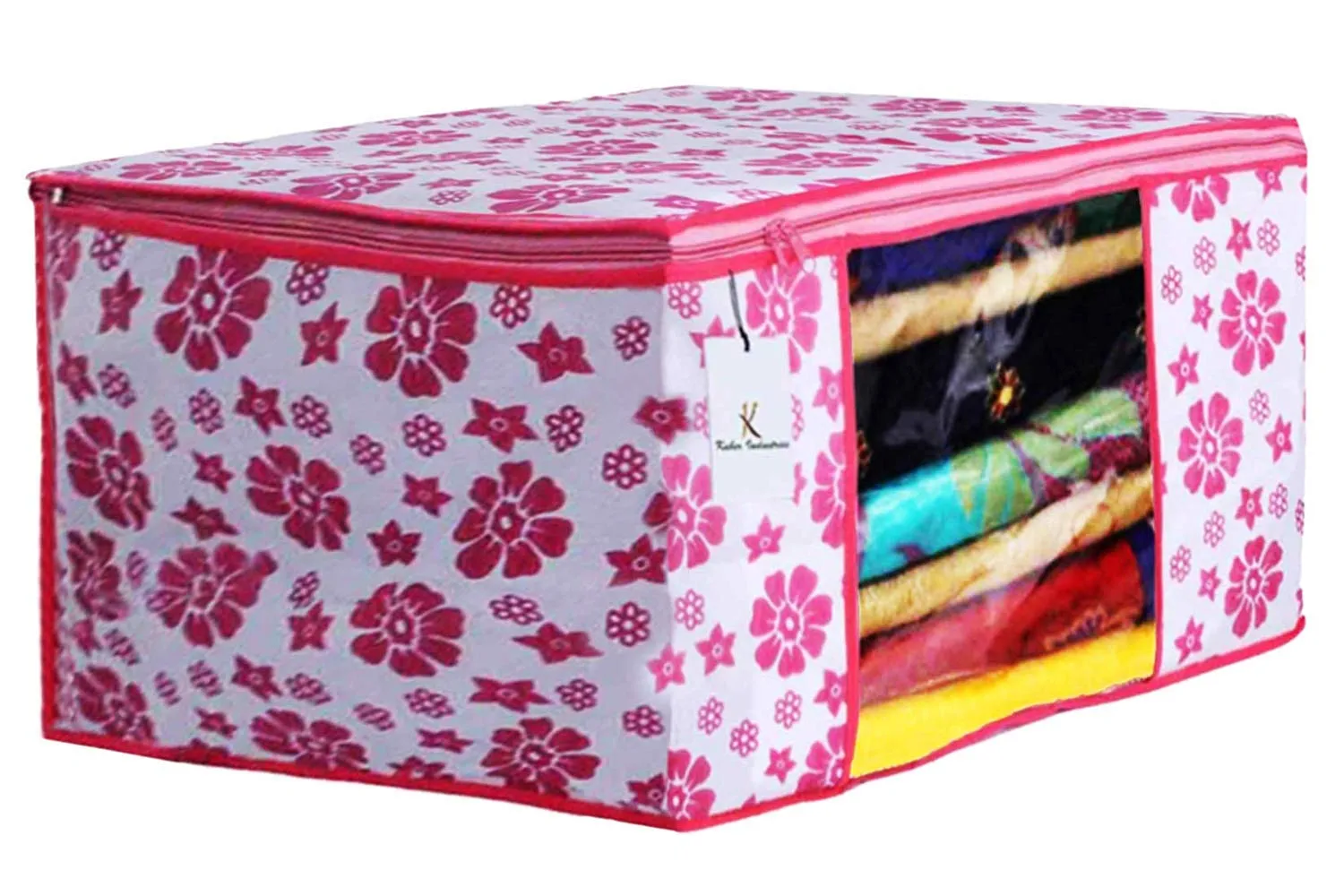 Kuber Industries Metalic & Flower Printed 3 Piece Non Woven Saree Cover and 3 Pieces Underbed Storage Bag, Storage Organiser, Blanket Cover, Golden Brown & Pink & Blue -CTKTC042410