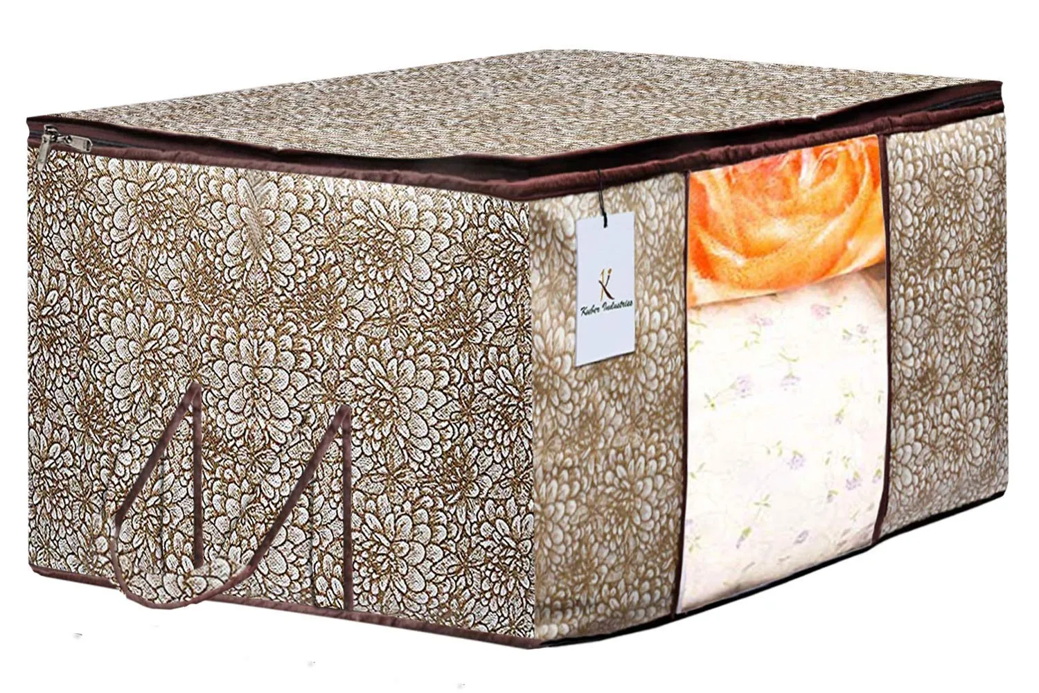 Kuber Industries Metalic & Flower Printed 3 Piece Non Woven Saree Cover and 3 Pieces Underbed Storage Bag, Storage Organiser, Blanket Cover, Golden Brown & Pink & Blue -CTKTC042410