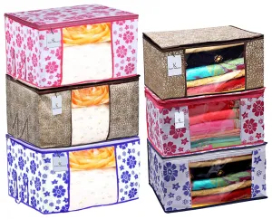 Kuber Industries Metalic & Flower Printed 3 Piece Non Woven Saree Cover and 3 Pieces Underbed Storage Bag, Storage Organiser, Blanket Cover, Golden Brown & Pink & Blue -CTKTC042410