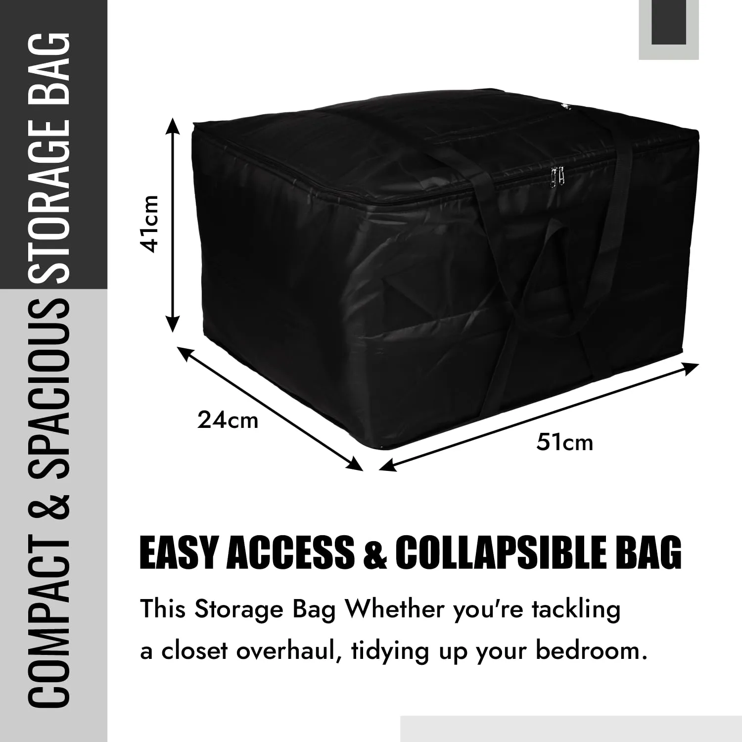 Kuber Industries Storage Attachi Bag | Parachute Travel Storage Bag | Underbed Storage Bag | Storage Organizer for Clothes | Zipper Closure Blanket Bag with Handle | Small | Black