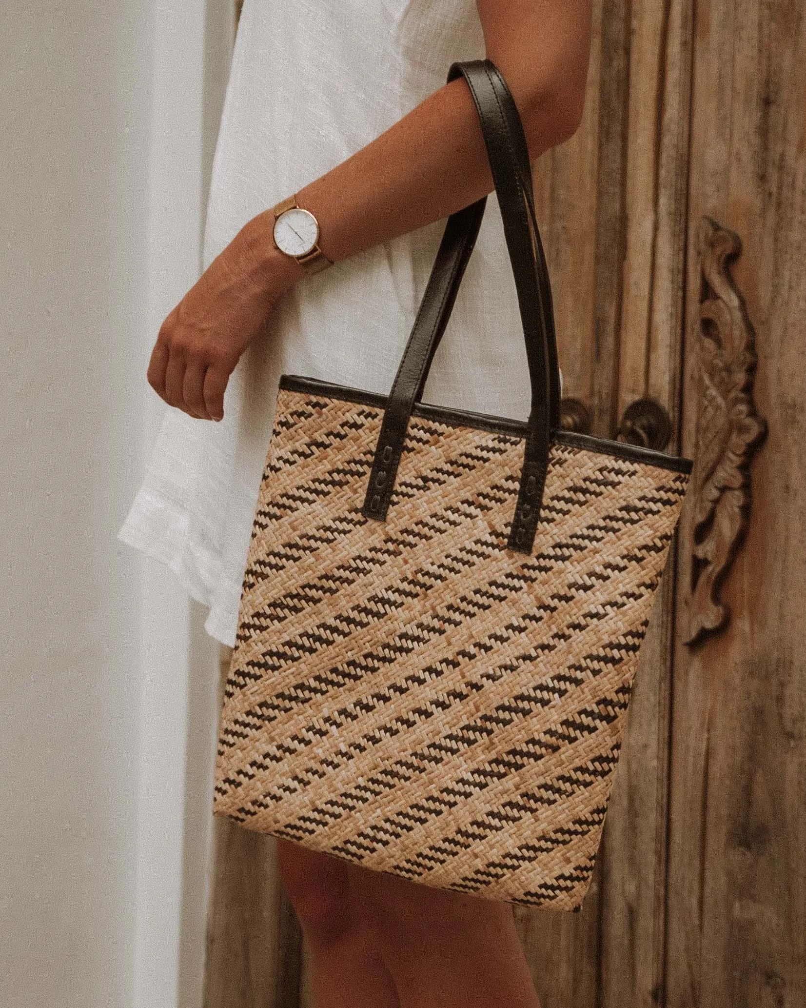 Leather Straw Shoulder Bag Striped