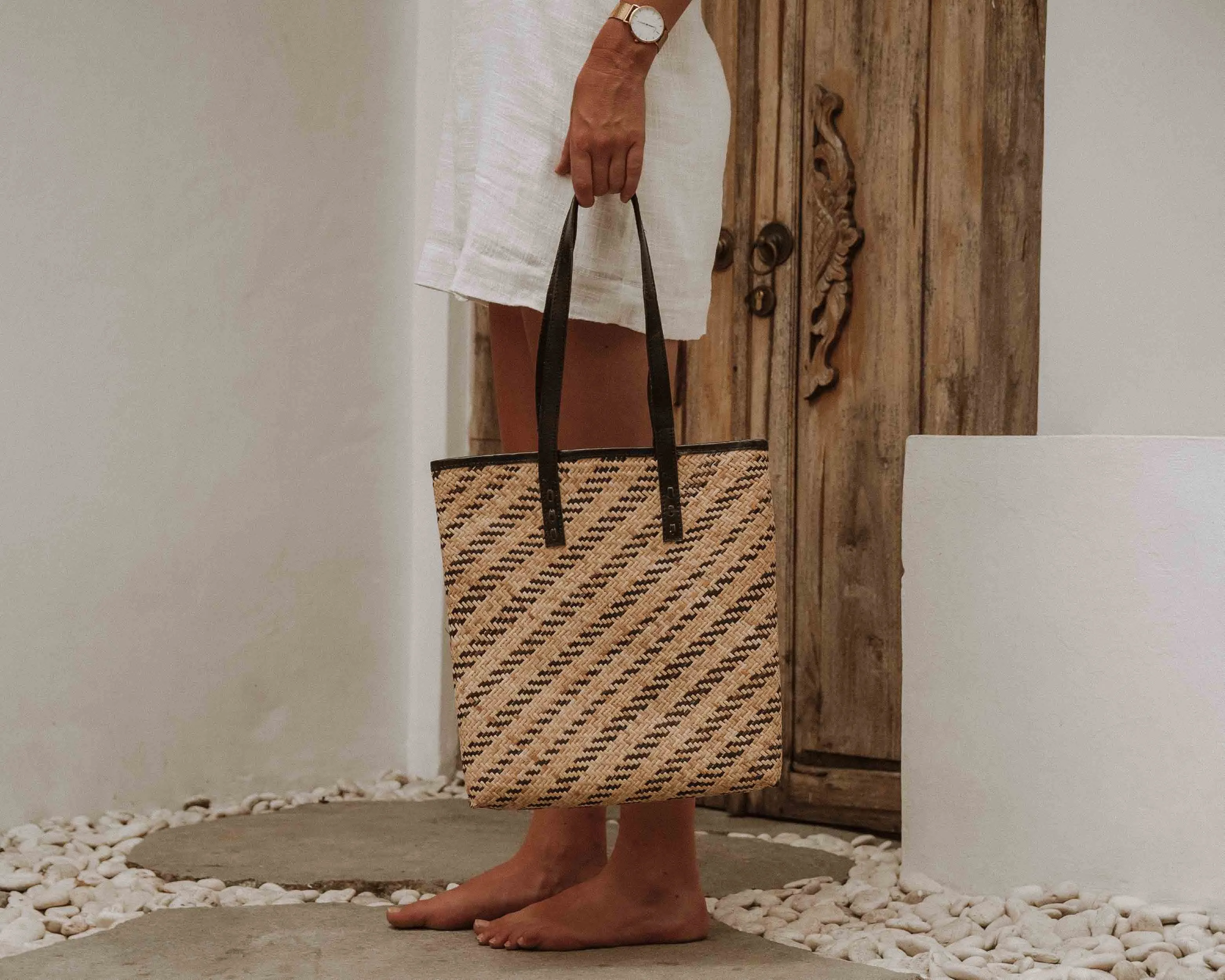 Leather Straw Shoulder Bag Striped