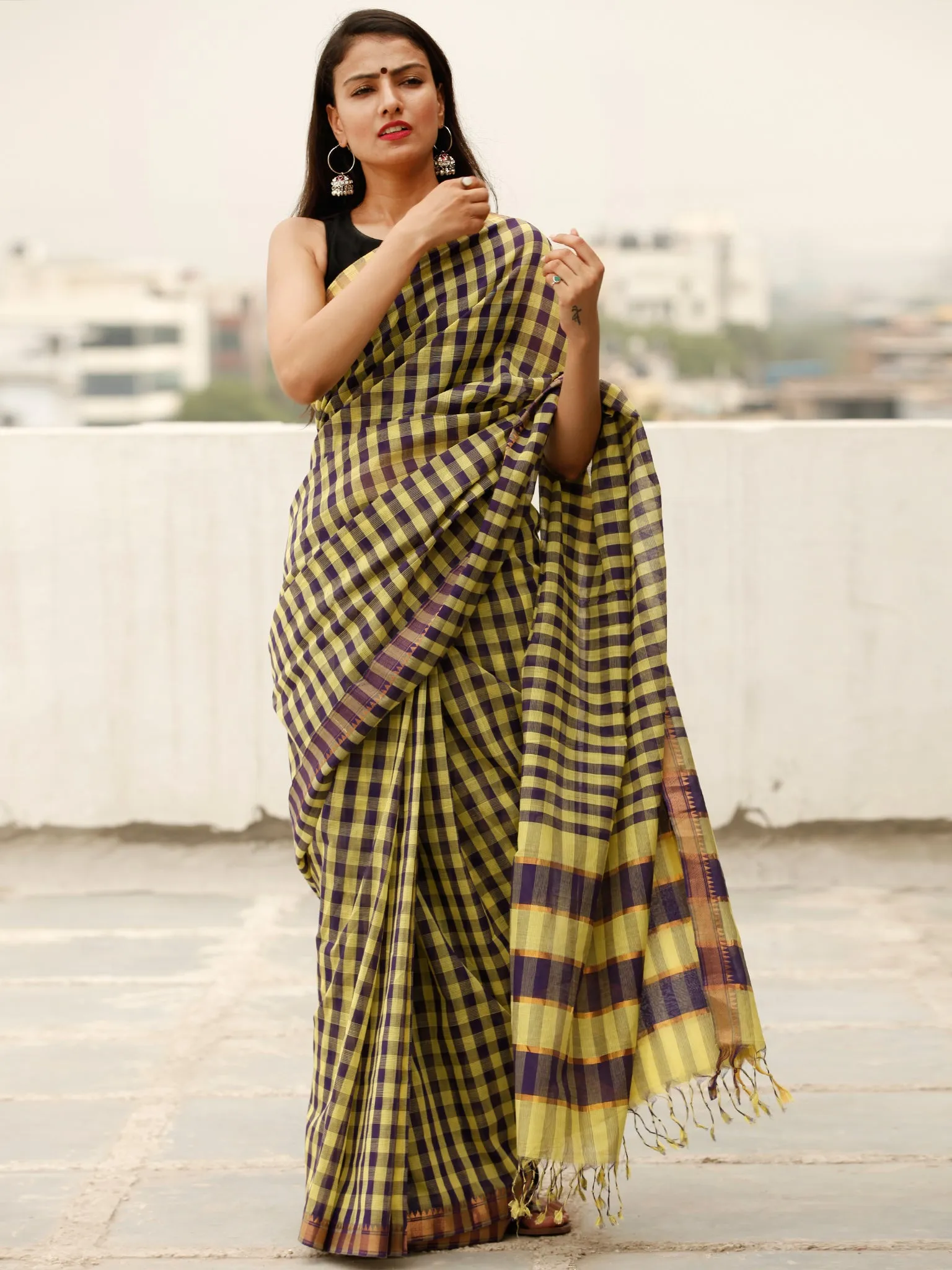 Lime Purple Handloom Mangalagiri Cotton Saree With Zari Border - S031703869