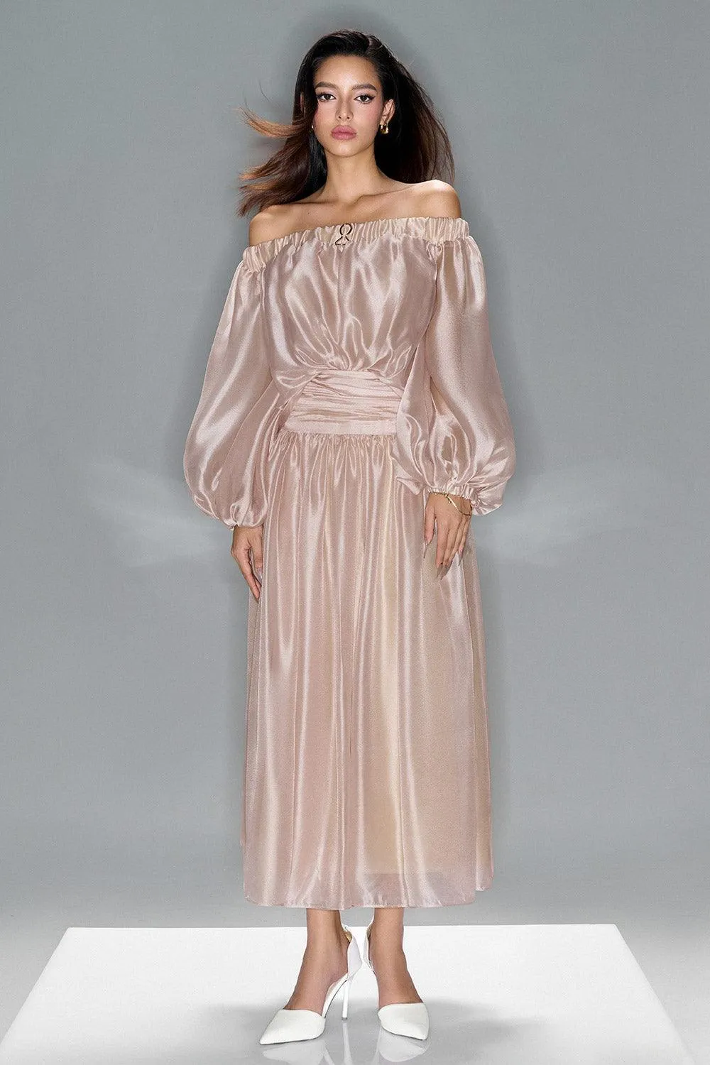 Lucent Blouson Off-Shoulder Silk Organza Maxi Dress