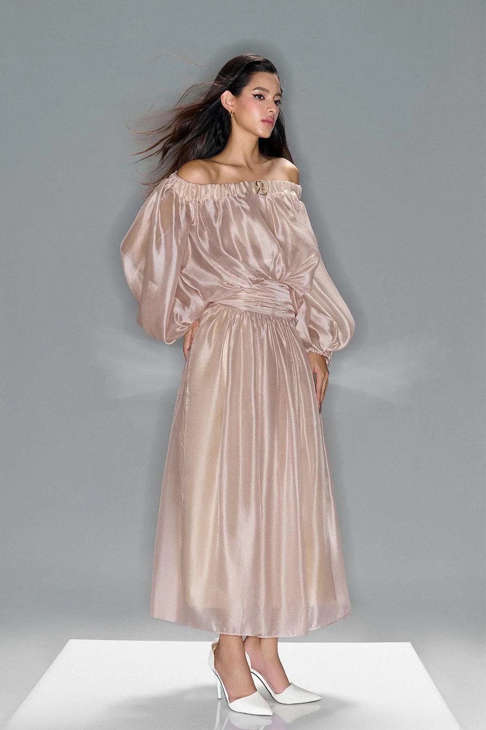 Lucent Blouson Off-Shoulder Silk Organza Maxi Dress