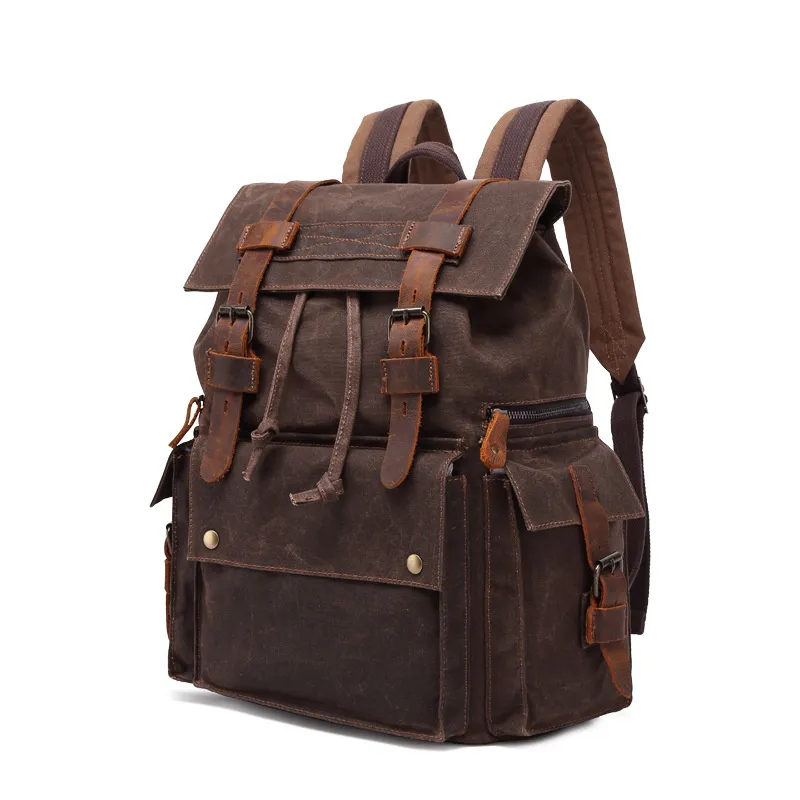 Men Waterproof Leather Canvas Outdoor Backpack 5358