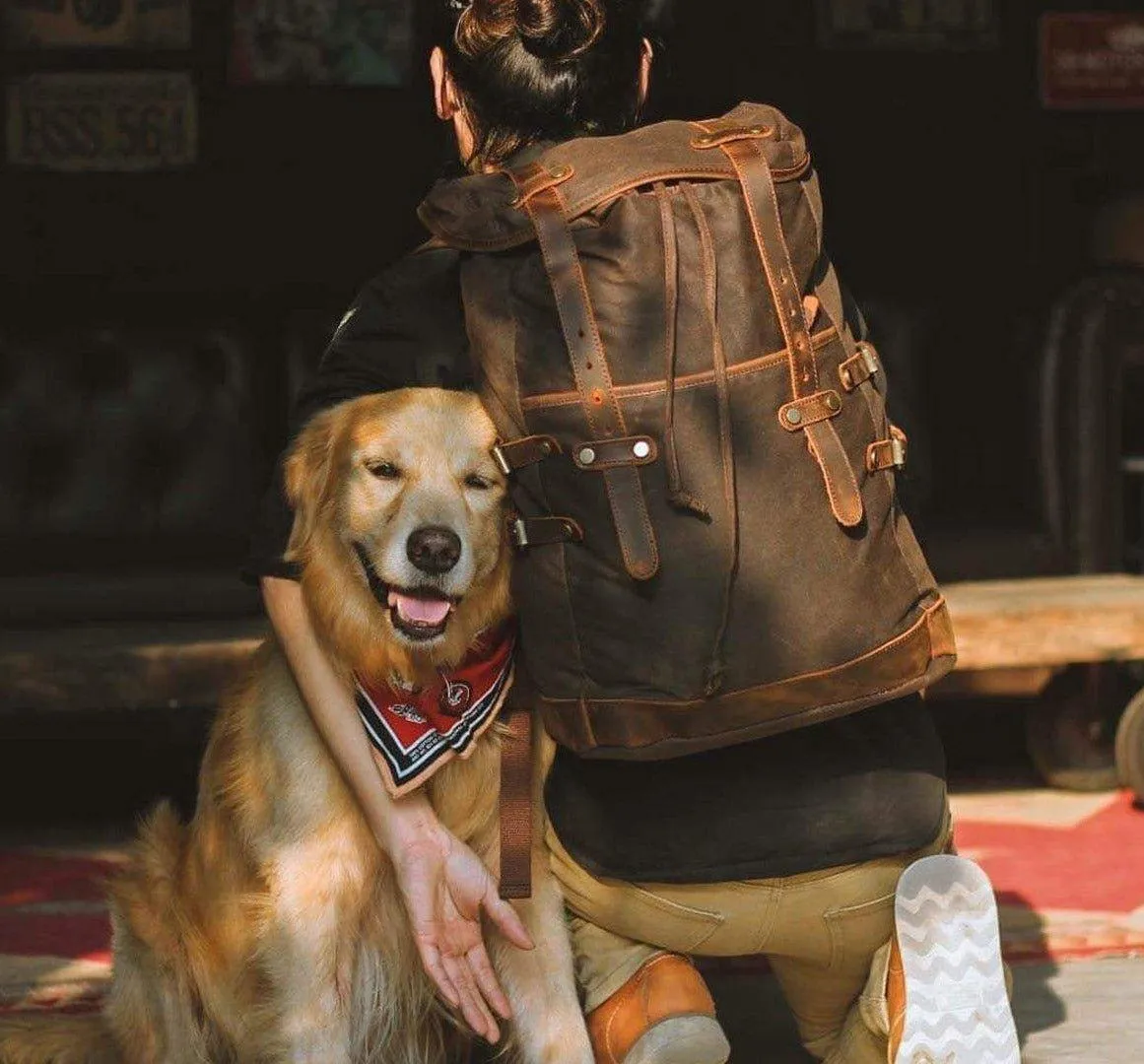 Mens Vintage Waxed Canvas Backpack Leather