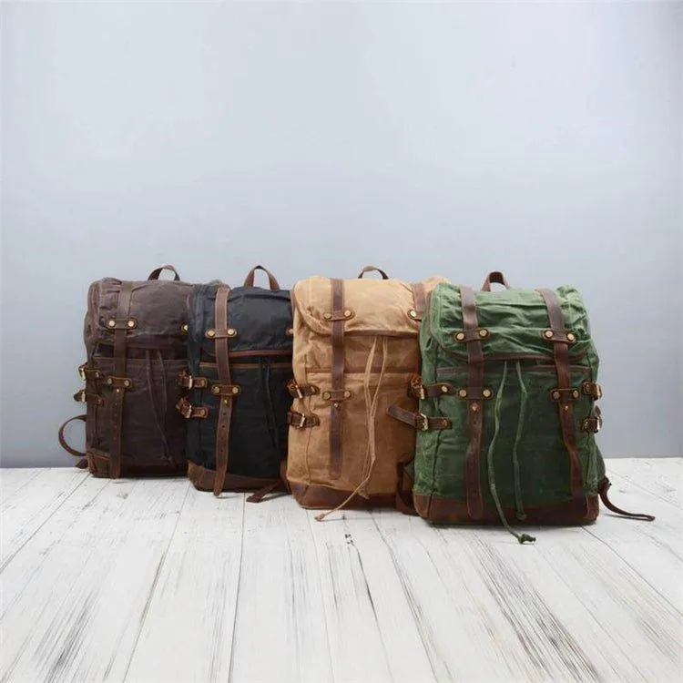 Mens Vintage Waxed Canvas Backpack Leather