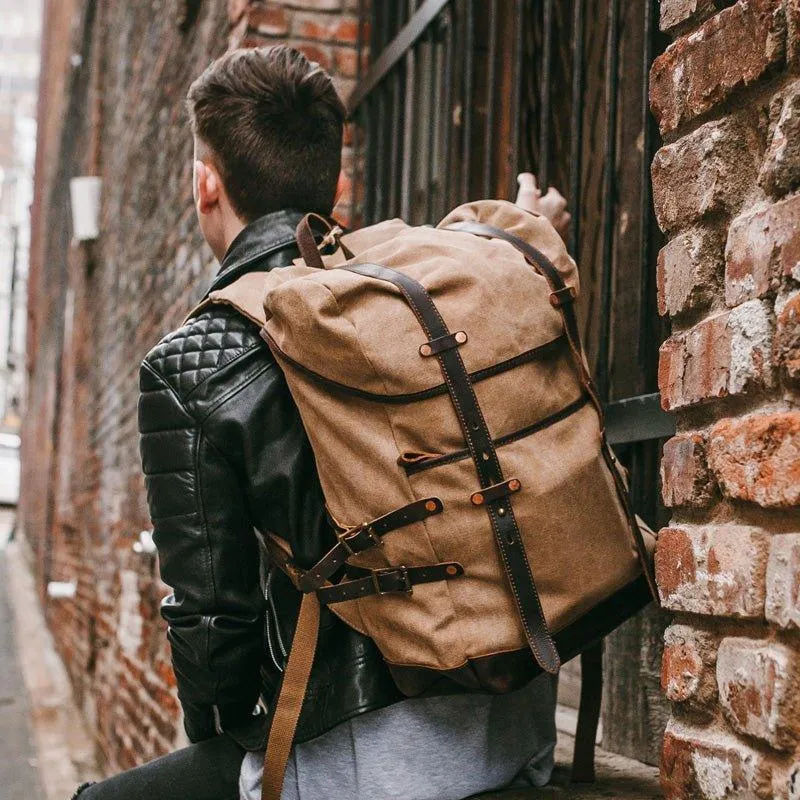 Mens Vintage Waxed Canvas Backpack Leather