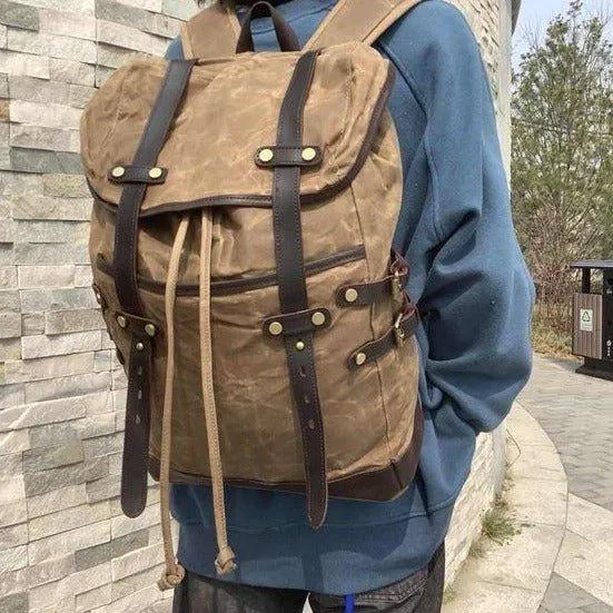 Mens Vintage Waxed Canvas Backpack Leather