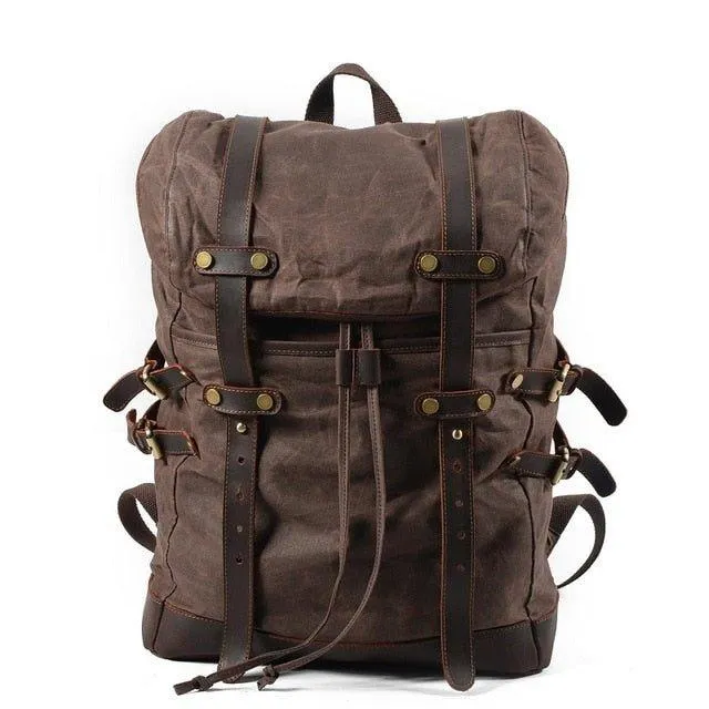 Mens Vintage Waxed Canvas Backpack Leather