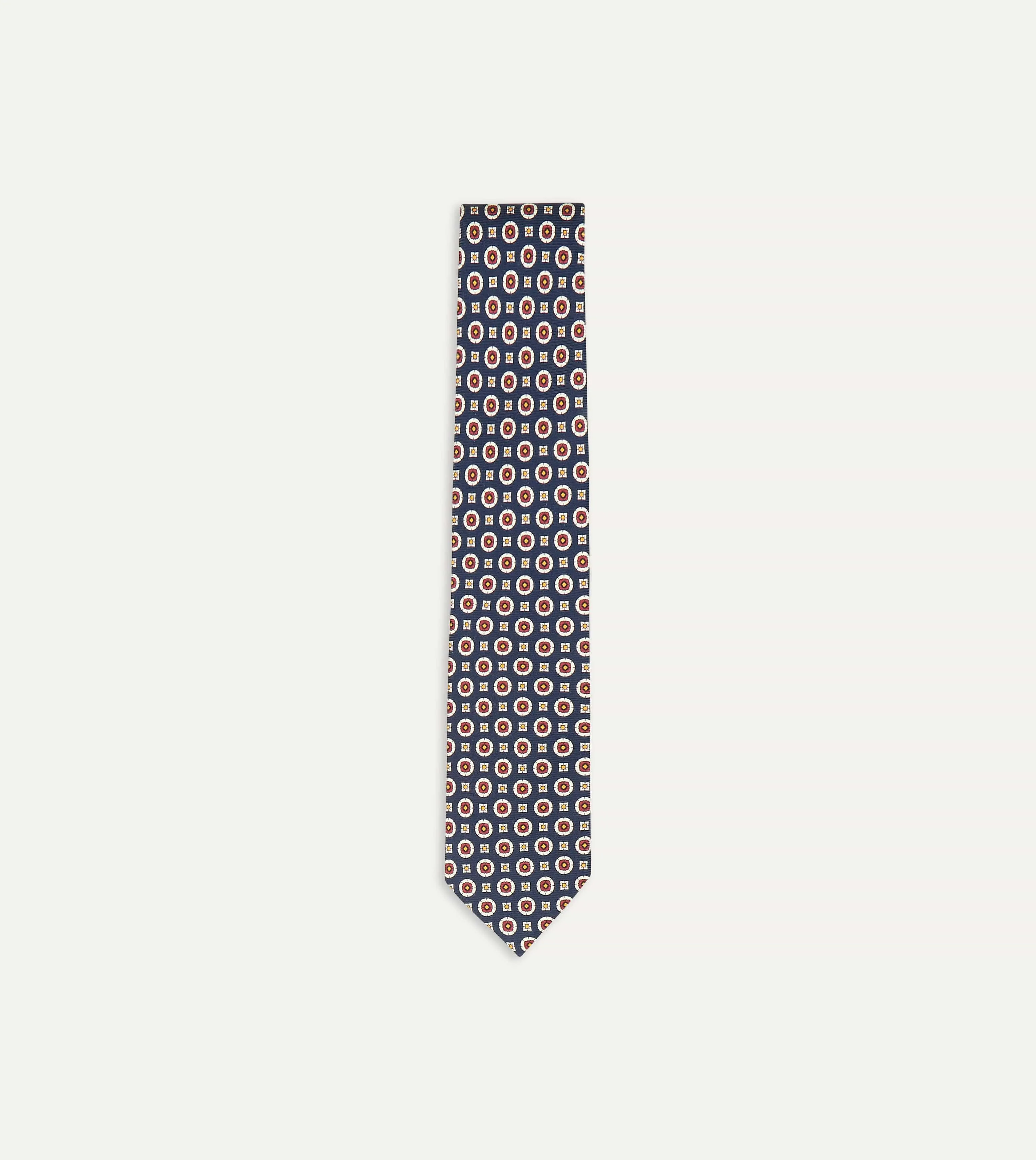 Navy and Red Geometric Medallion Print Silk Foulard Tie