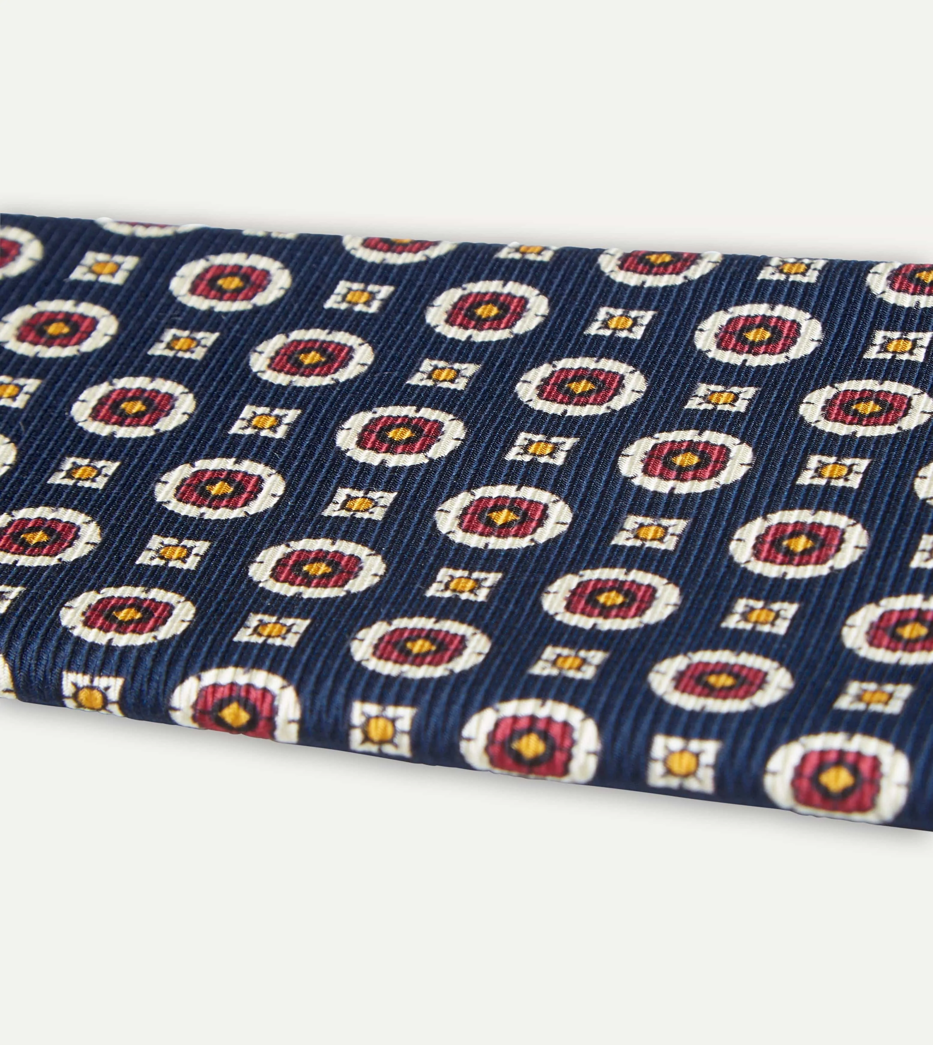 Navy and Red Geometric Medallion Print Silk Foulard Tie