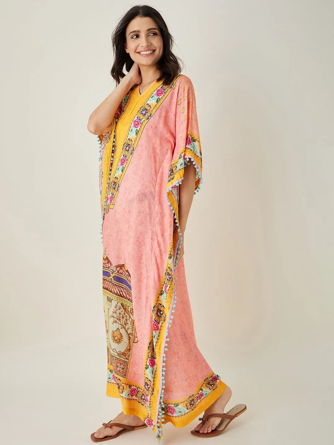 Peach and Yellow Ornate Floral Kaftan