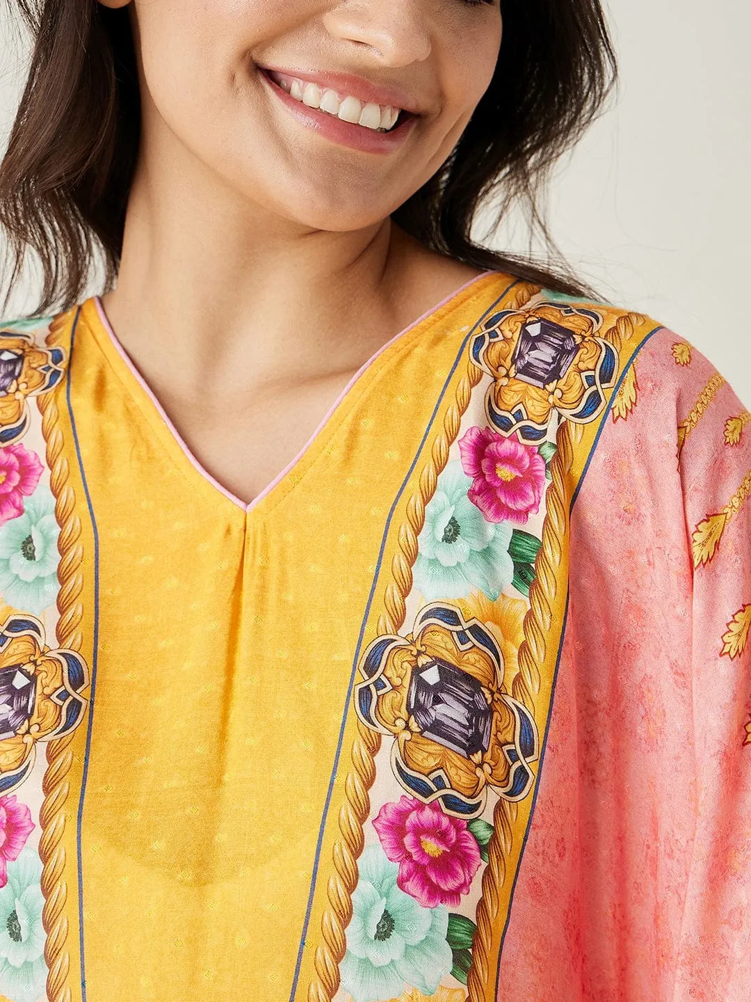 Peach and Yellow Ornate Floral Kaftan