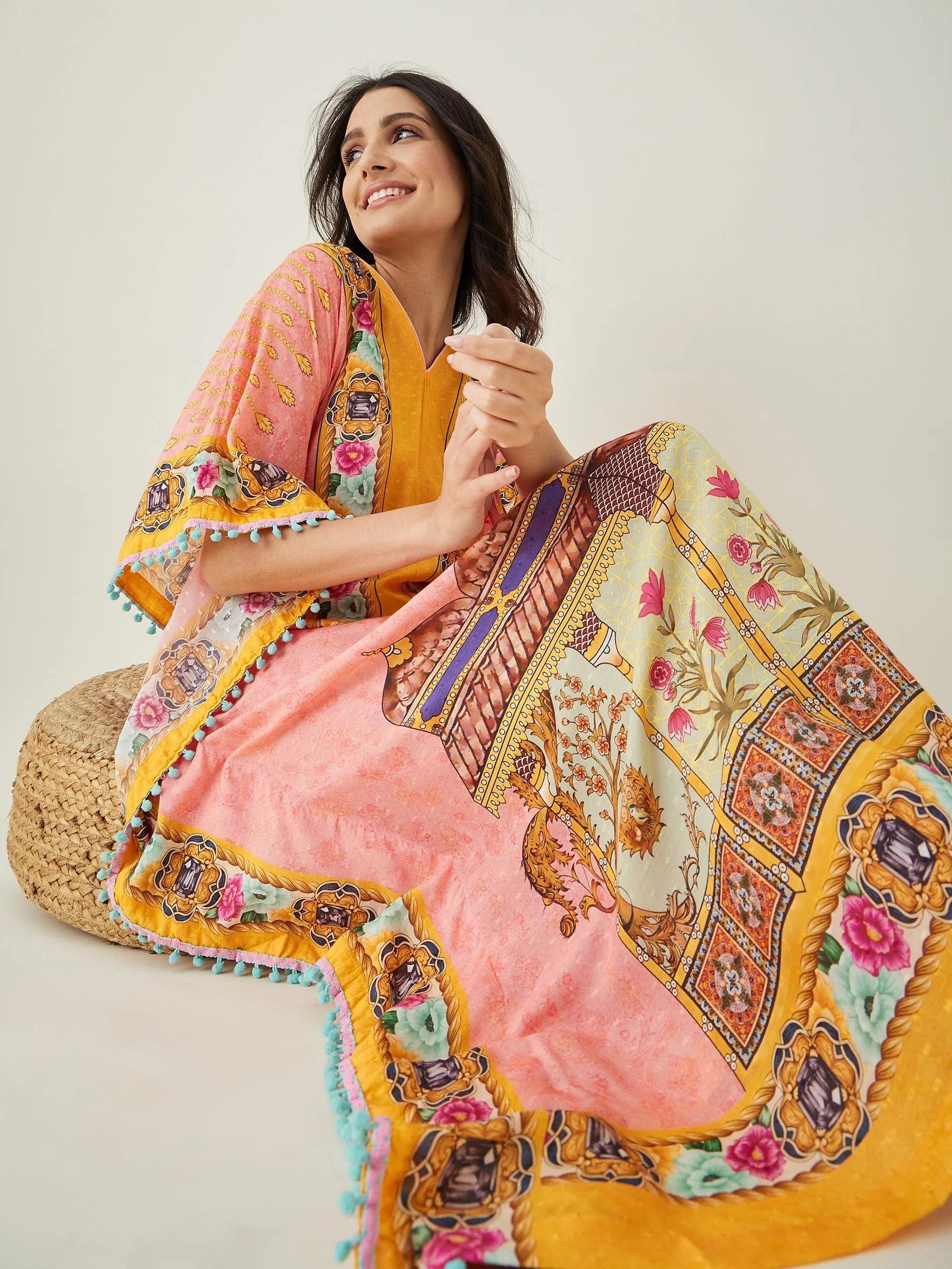 Peach and Yellow Ornate Floral Kaftan