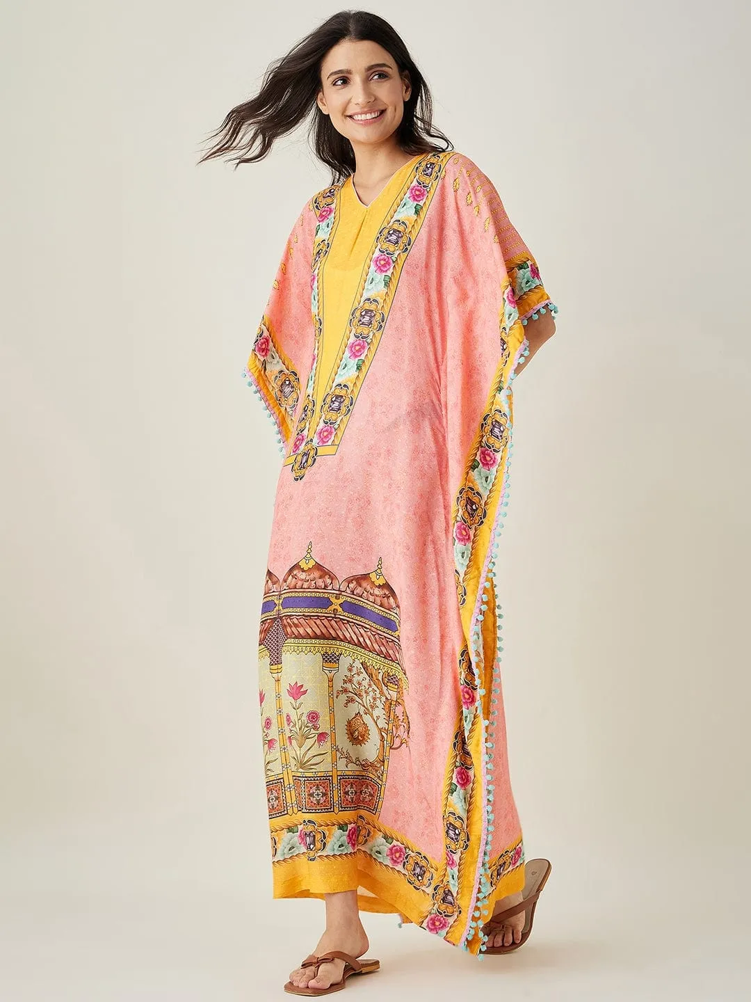 Peach and Yellow Ornate Floral Kaftan