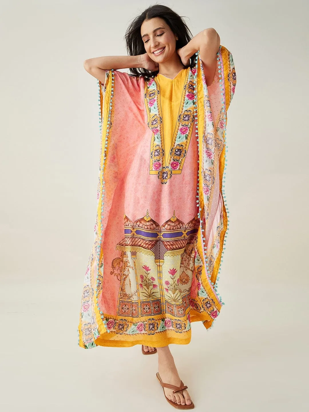 Peach and Yellow Ornate Floral Kaftan