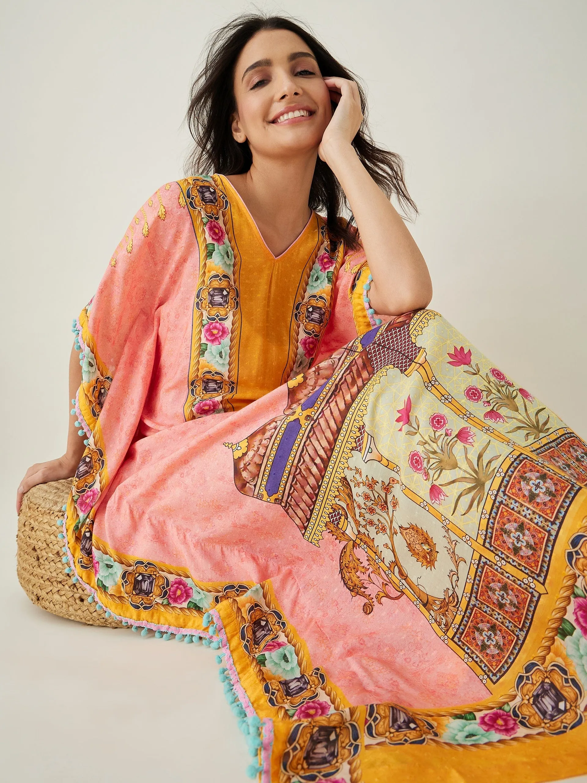 Peach and Yellow Ornate Floral Kaftan