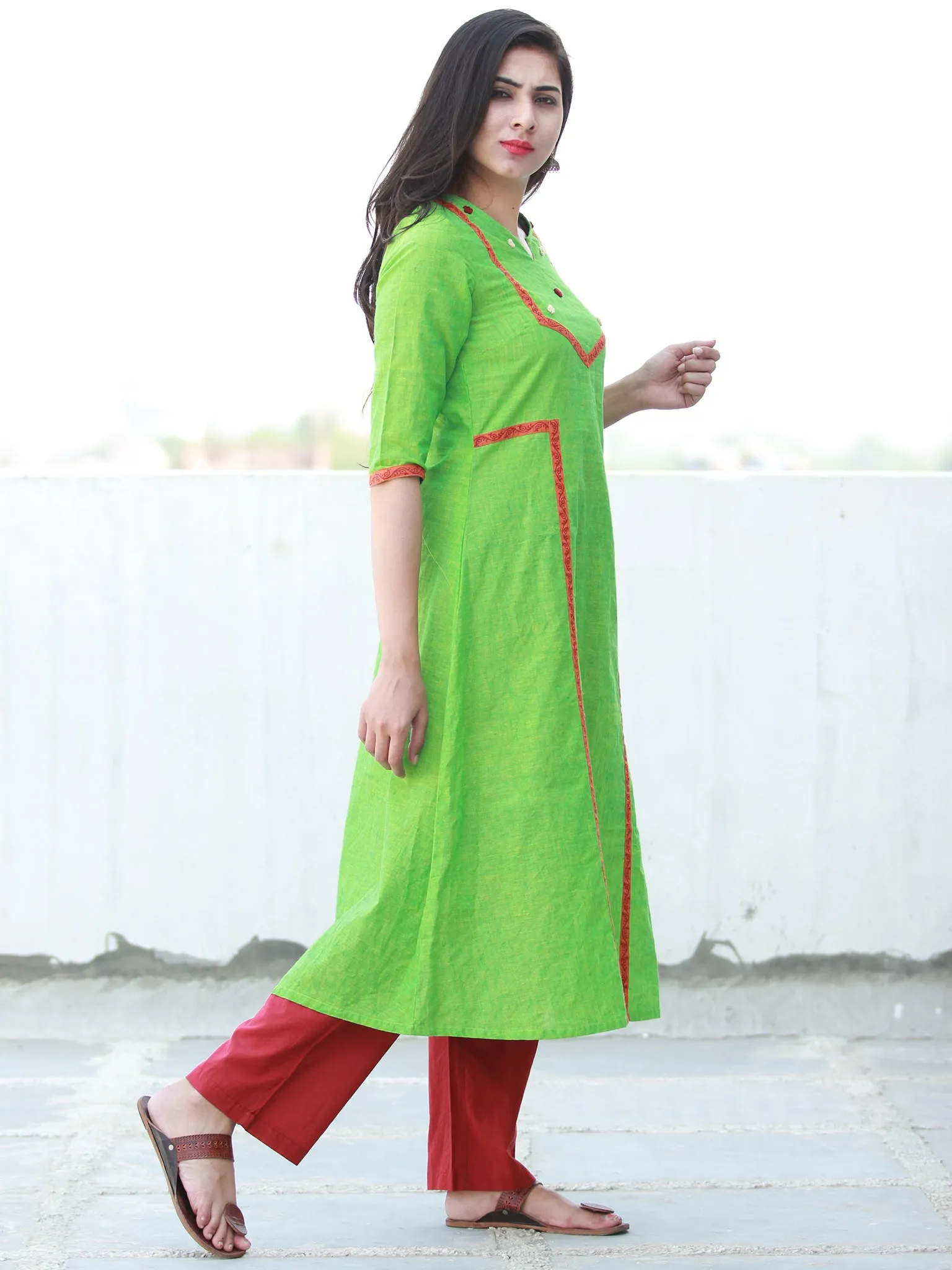 Pear Green Orange  Hand Embroidered South Handloom Cotton Kurta - K164FXXX