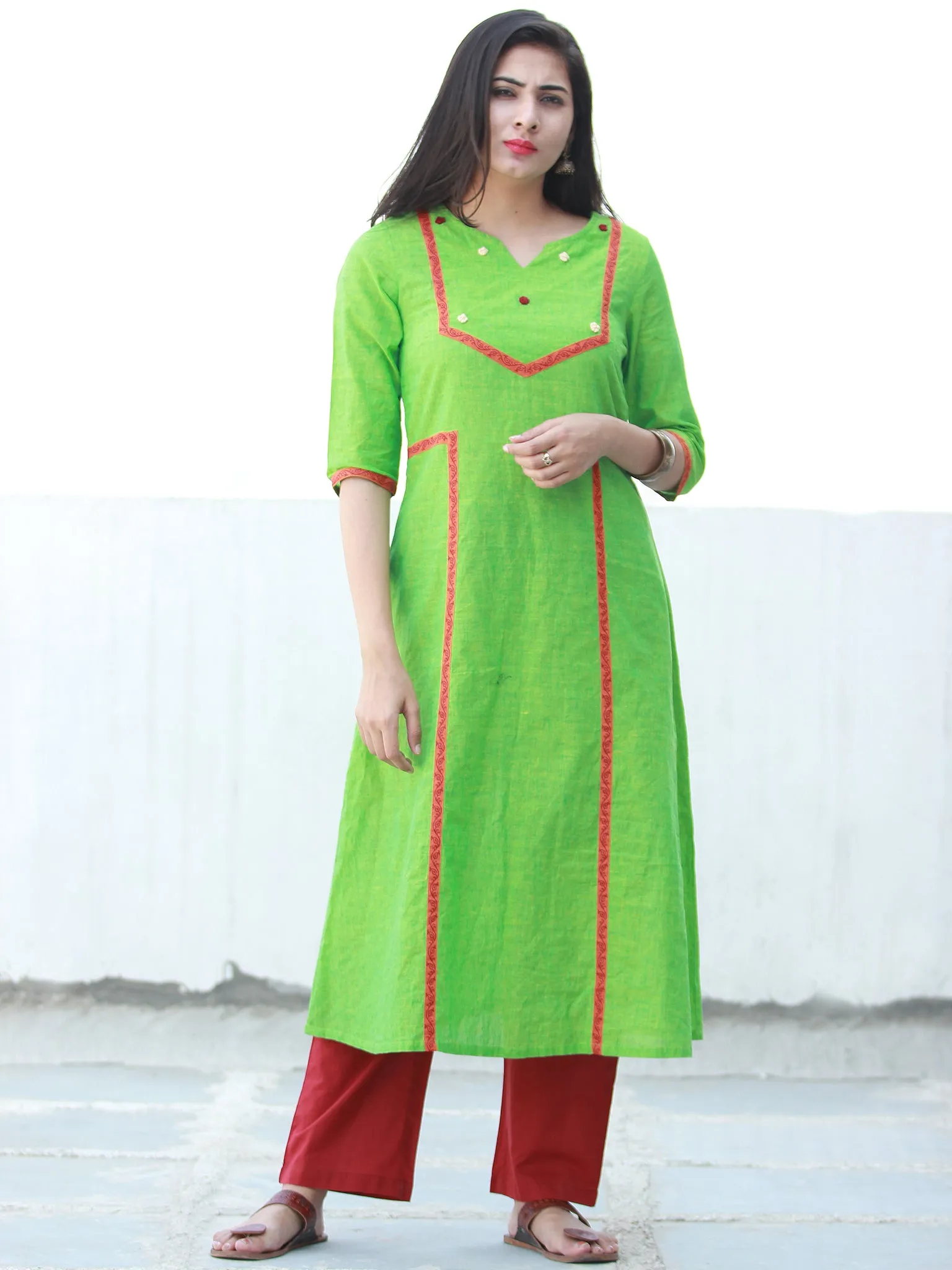 Pear Green Orange  Hand Embroidered South Handloom Cotton Kurta - K164FXXX