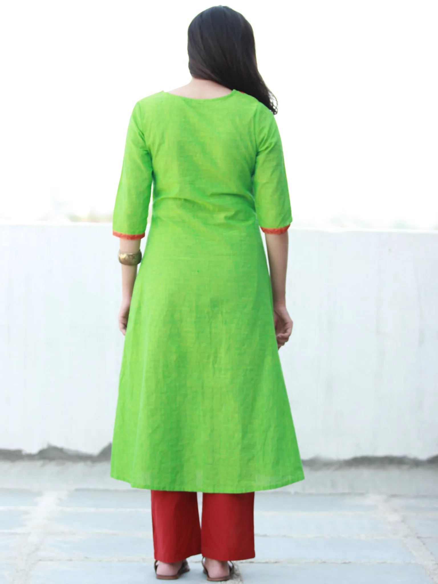 Pear Green Orange  Hand Embroidered South Handloom Cotton Kurta - K164FXXX