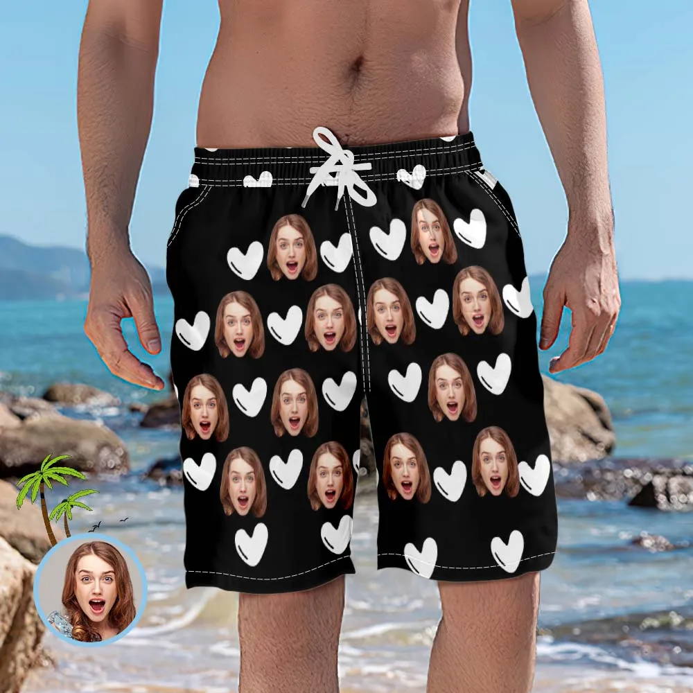 Personalized Beach Shorts for Men White Hearts Custom Face Swim Trunks