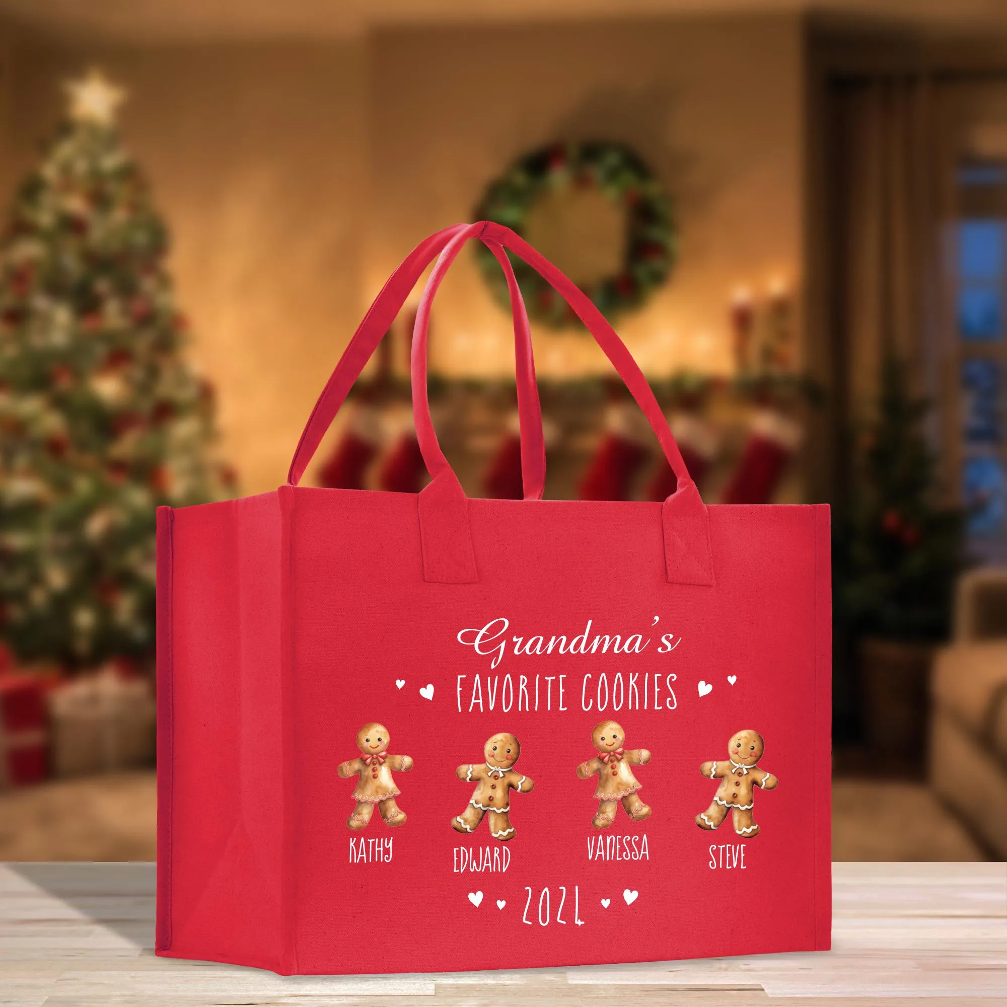 Personalized Grandma's Favorite Cookies Grandkid Names and Year Christmas Cotton Canvas Tote Bag Custom Xmas Eve Gift Holiday Gift (CT1057)