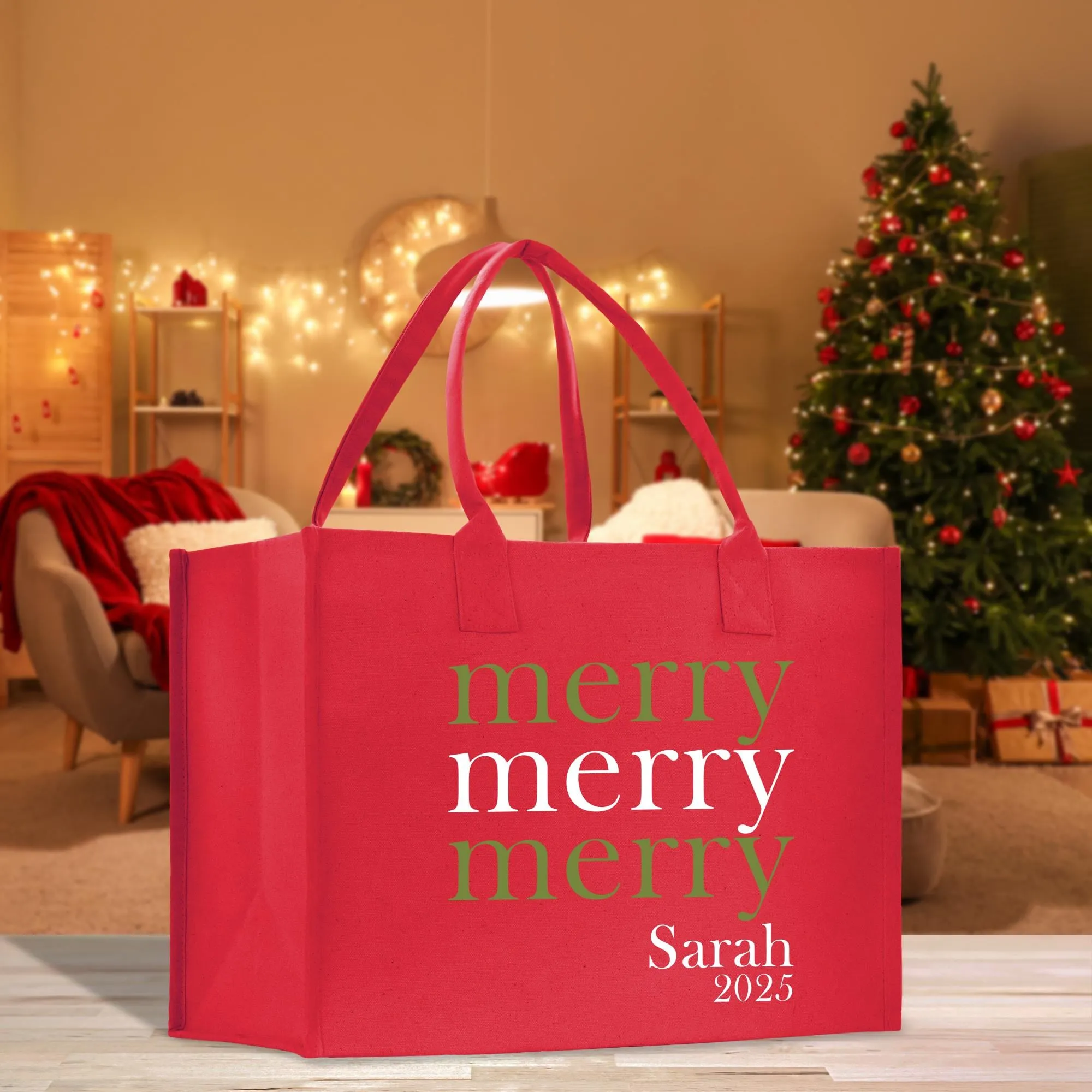 Personalized Name Christmas Cotton Canvas Large Tote Bag Custom Merry Christmas Gift Bag Xmas Party Bag Xmas Eve Gift Holiday Gift (CT1037)