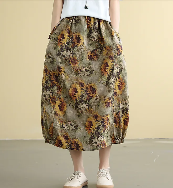 Printed Casual Cotton Linen loose fitting Women's Skirts DZA2007222