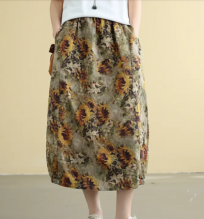 Printed Casual Cotton Linen loose fitting Women's Skirts DZA2007222