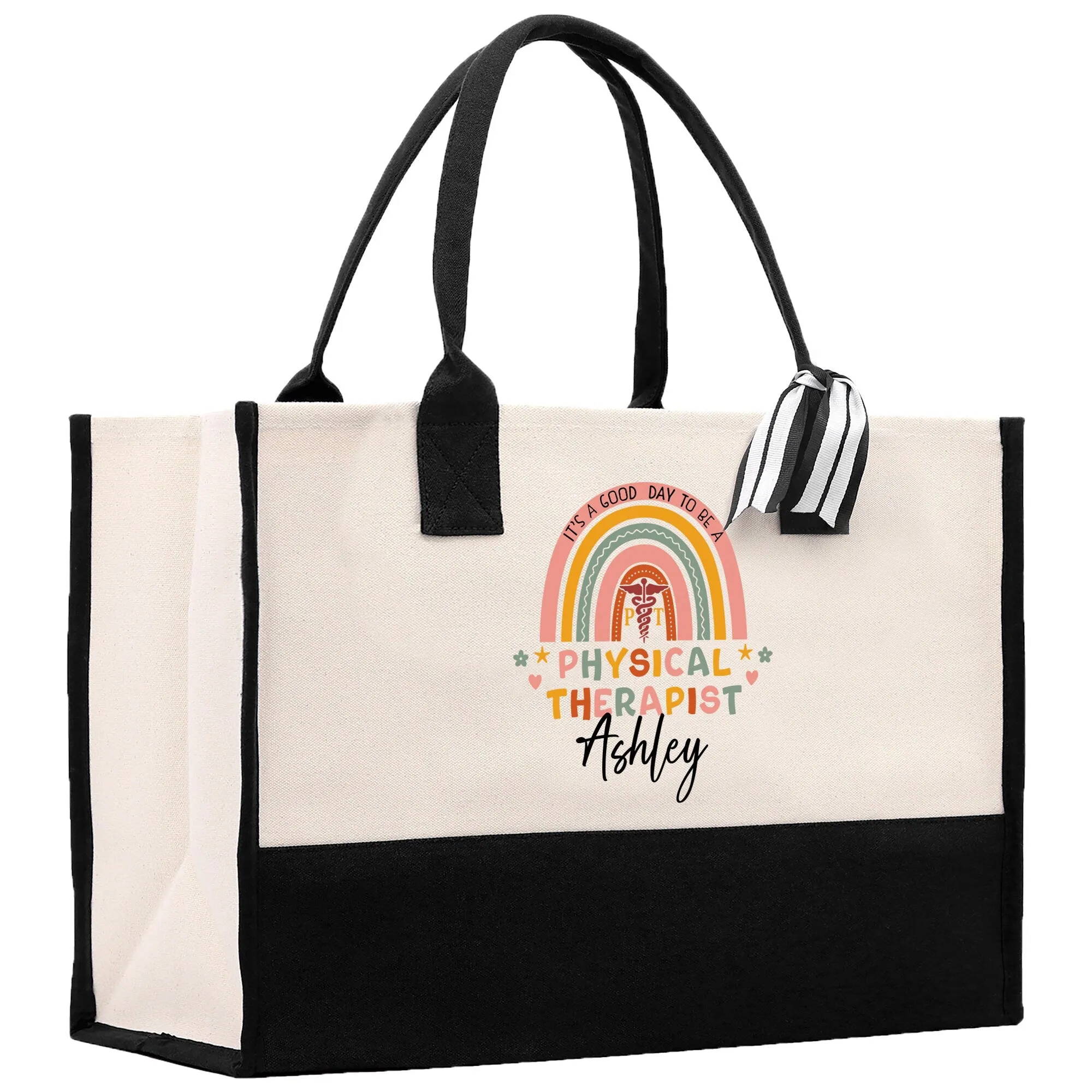 Rainbow PT Physical Therapist Name Custom Cotton Canvas Tote Bag Physical Therapist Birthday Gift Graduation Bag